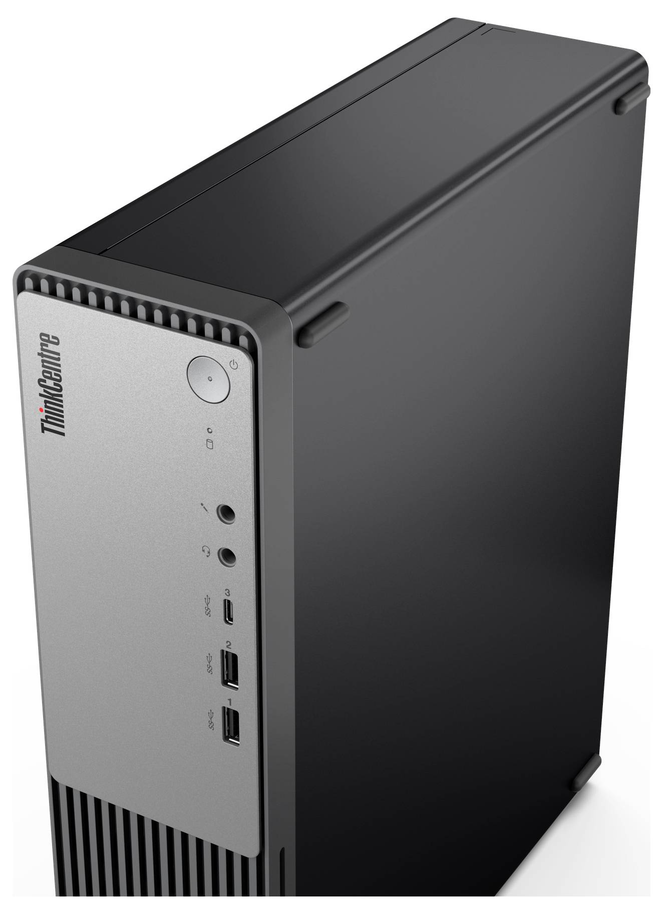 Een zwarte en zilveren desktopcomputer-toren met meerdere voorpoorten en een aan/uit-knop.