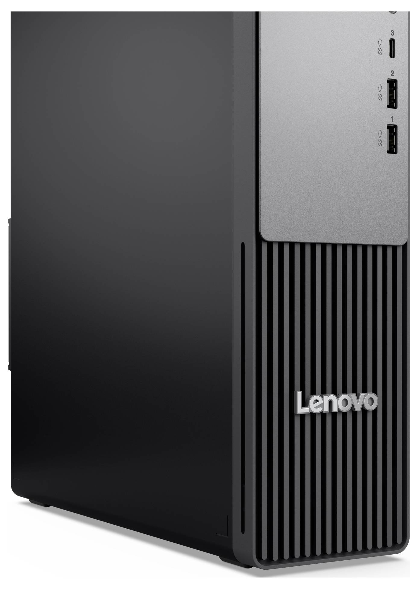 Een zwarte Lenovo desktoptoren met een geribbeld voorpaneel en USB-poorten aan de bovenkant.