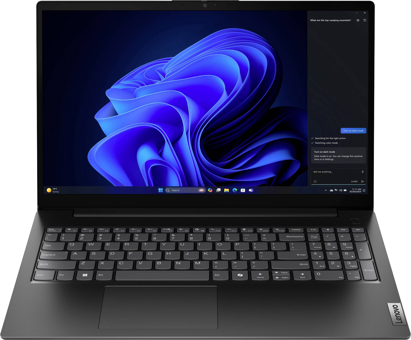 Een laptop met een Windows 11-bureaublad, waarbij het startmenu zichtbaar is, met een blauwe wervelende abstracte patroon als achtergrond.