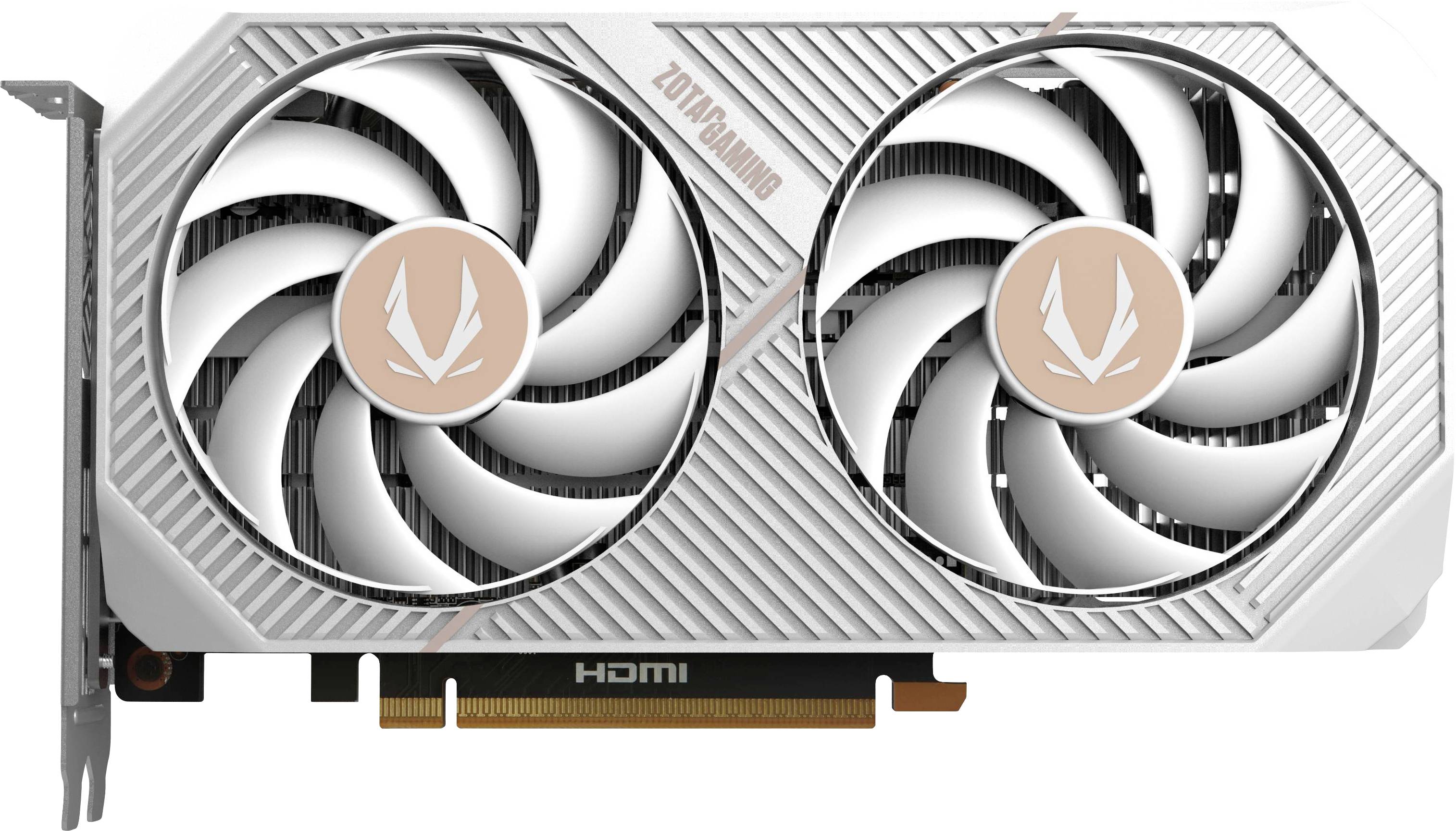 Een videokaart met twee ventilatoren en 'Zotac Gaming' tekst aan de bovenkant. De kaart heeft een wit en zilver design met koperkleurige accenten.