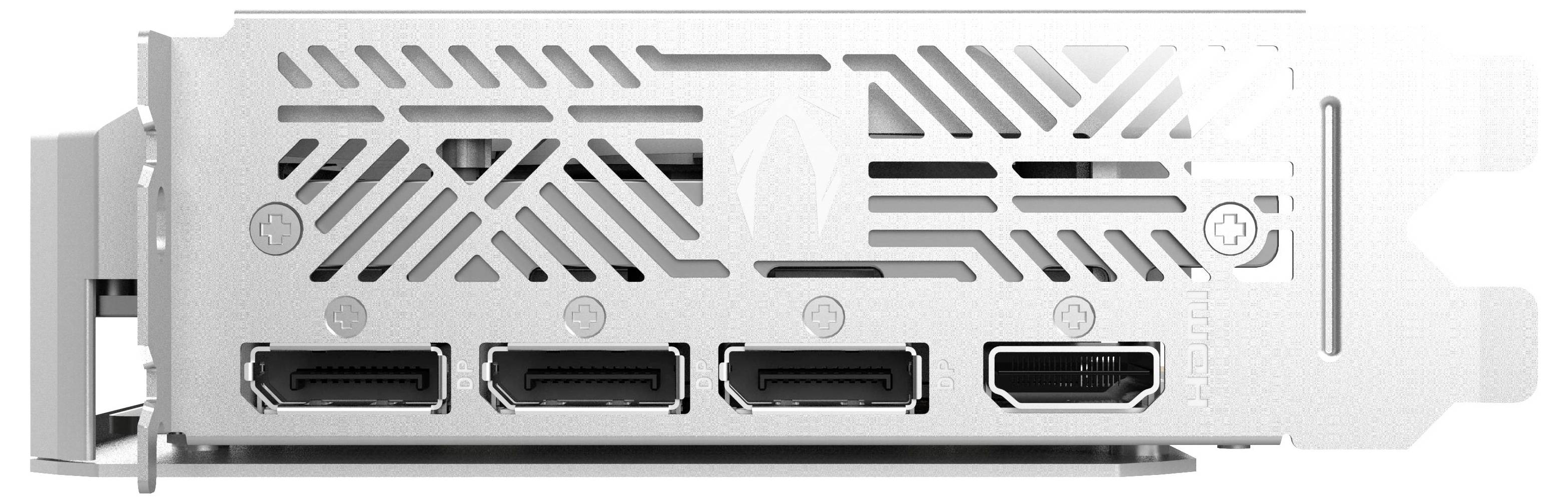 Een computergrafica-kaart achterkant met details: drie DisplayPort-uitgangen aan de linkerkant en één HDMI-uitgang aan de rechterkant.