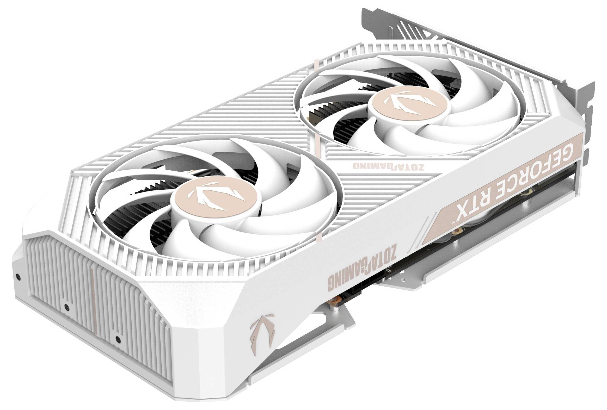 Een witte grafische kaart met twee grote ventilatoren en 'GEFORCE RTX' branding aan de zijkant, ontworpen voor high-performance computertaken.