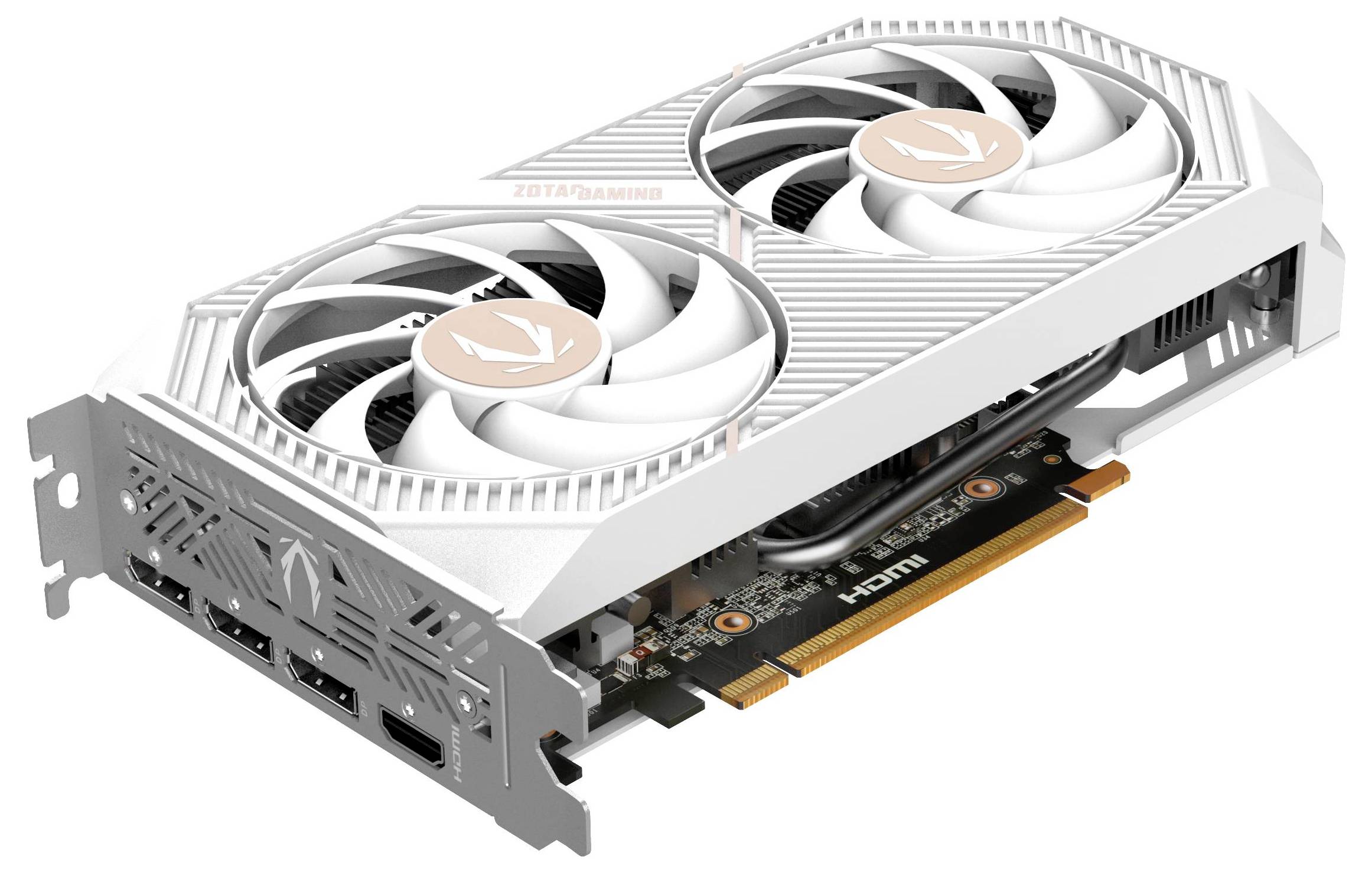 Een grafische kaart met twee fans in het wit, voorzien van een PCIe-aansluiting, met één HDMI- en drie DisplayPort-uitgangen, ontworpen voor high-performance gaming.
