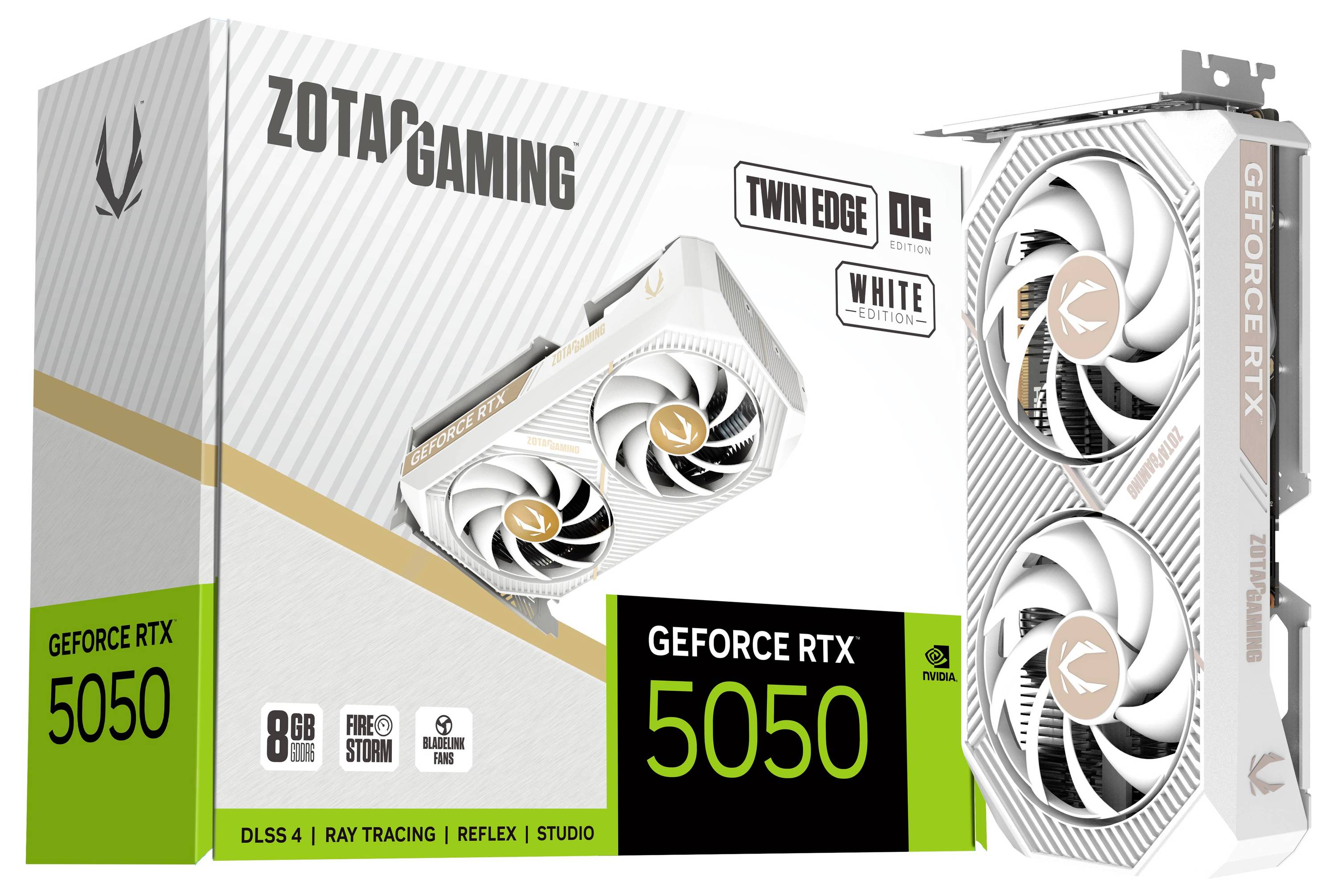 Zotac Gaming GeForce RTX 5050 Twin Edge OC White Edition videokaart met dubbele ventilatoren, naast de bijbehorende productdoos weergegeven.