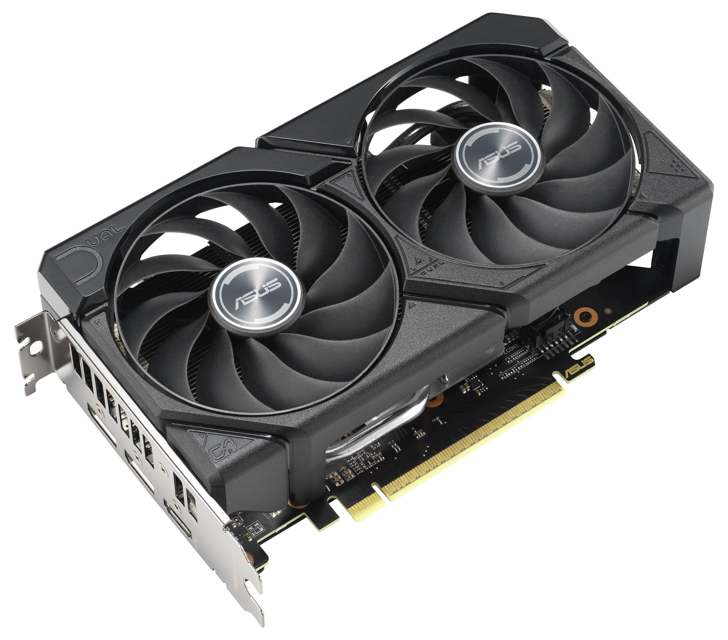 Een zwarte computervideokaart met twee koelventilators en een metalen beugel met meerdere poorten.