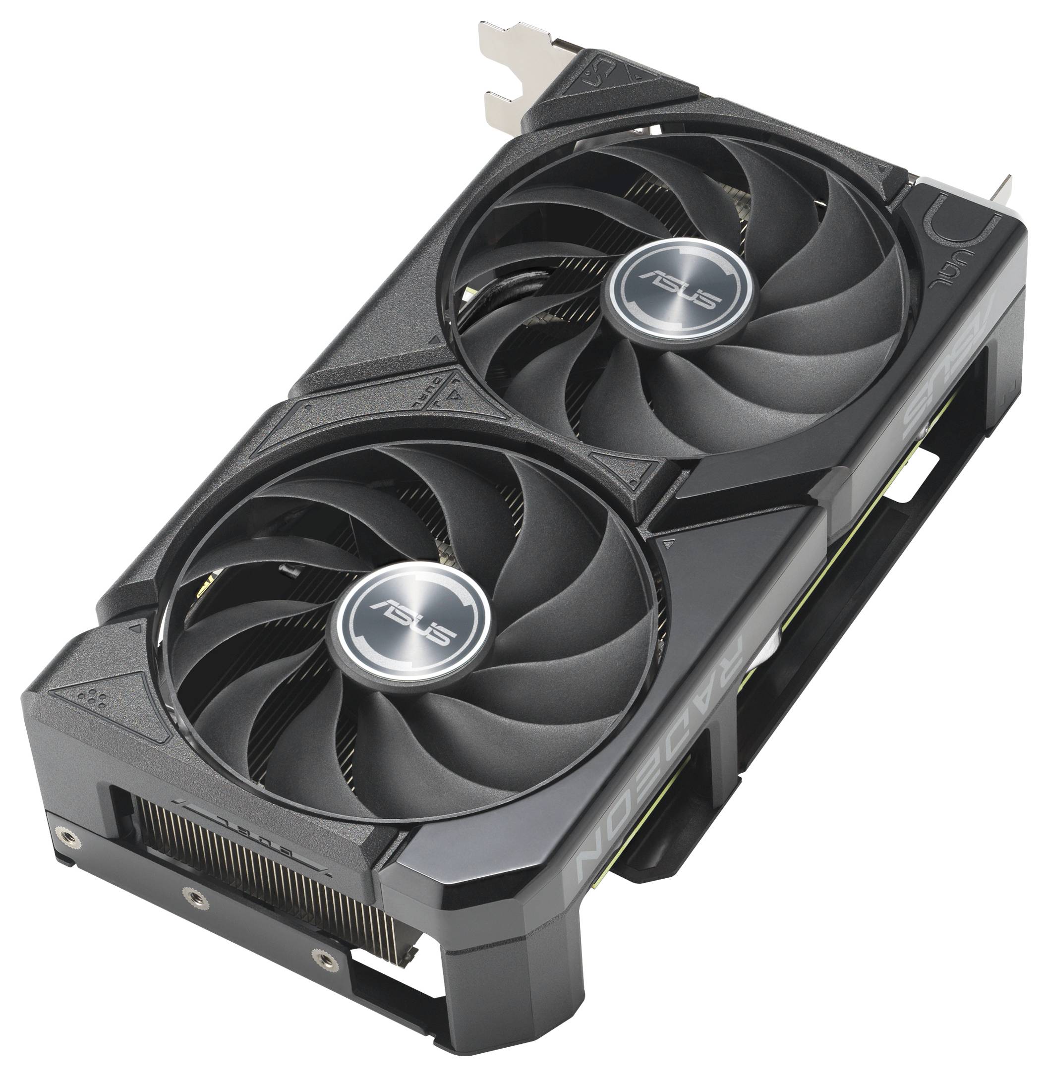 Een zwarte ASUS-videokaart met twee ventilatoren, onderdeel van de AMD Radeon-serie, ontworpen voor het verbeteren van computergrafische prestaties.