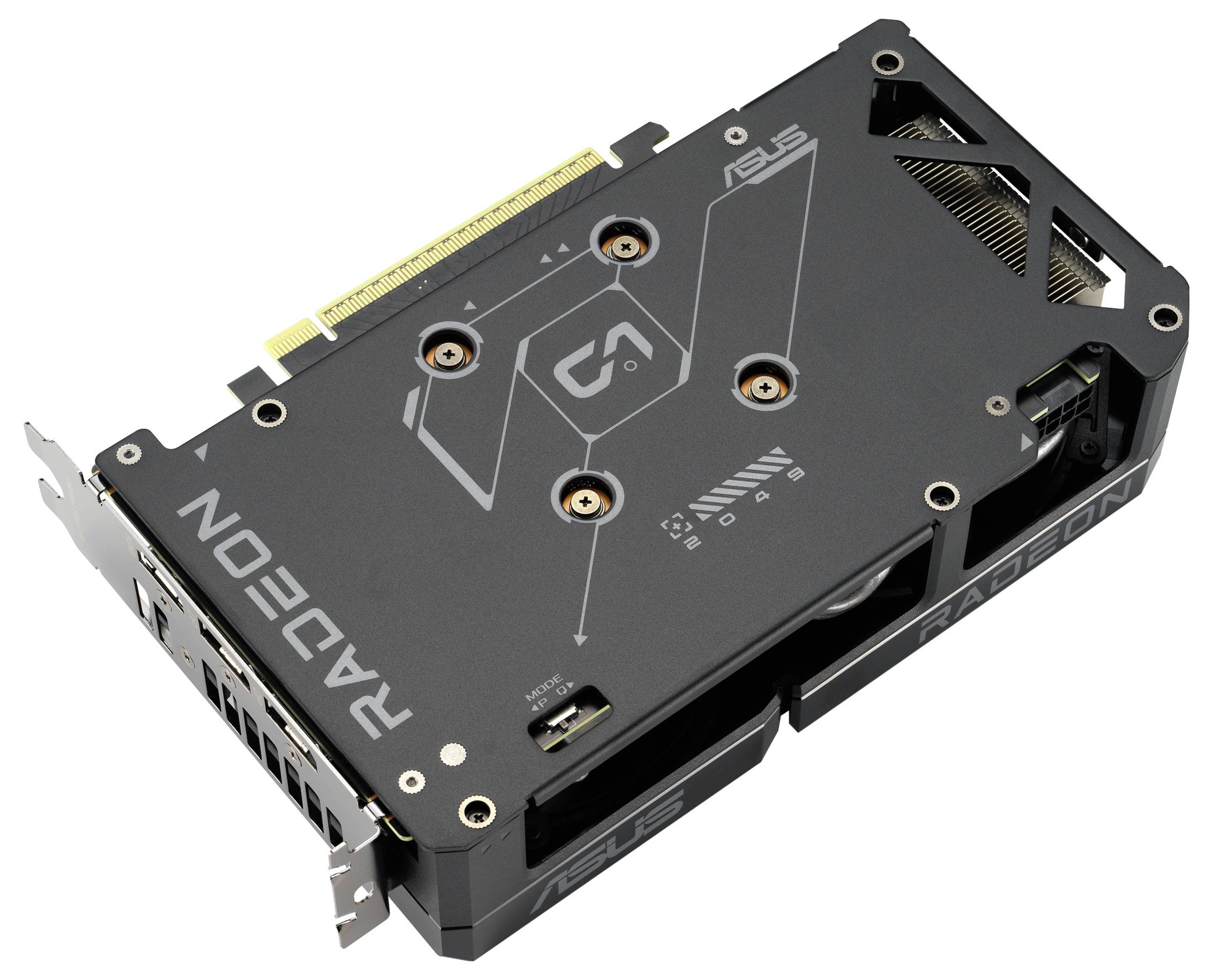 'Radeon' videokaart van ASUS, zwart met metaalaccenten, met poorten en koelingsontwerp.