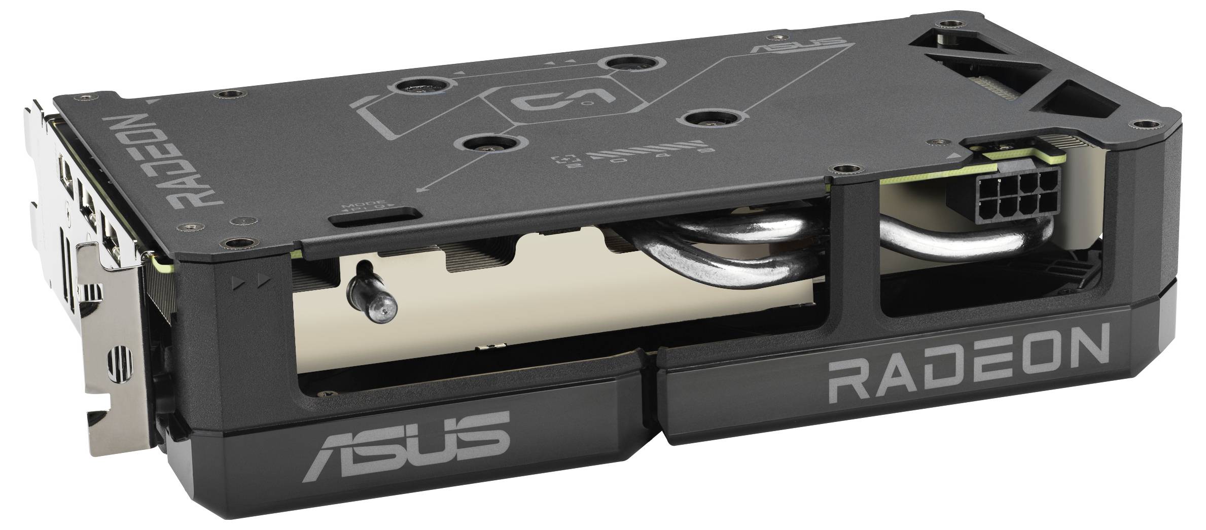 Een videokaart met dubbele HDMI-poorten, ASUS-branding en prominente koelelementen, ontworpen voor high-performance computing.