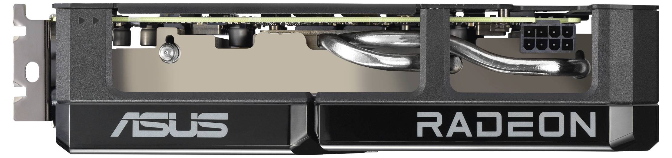 Een videokaart met 'ASUS' en 'RADEON' logo's, waarbij de zijkant wordt getoond met koelvinnen en stroomconnectoren in het zicht.