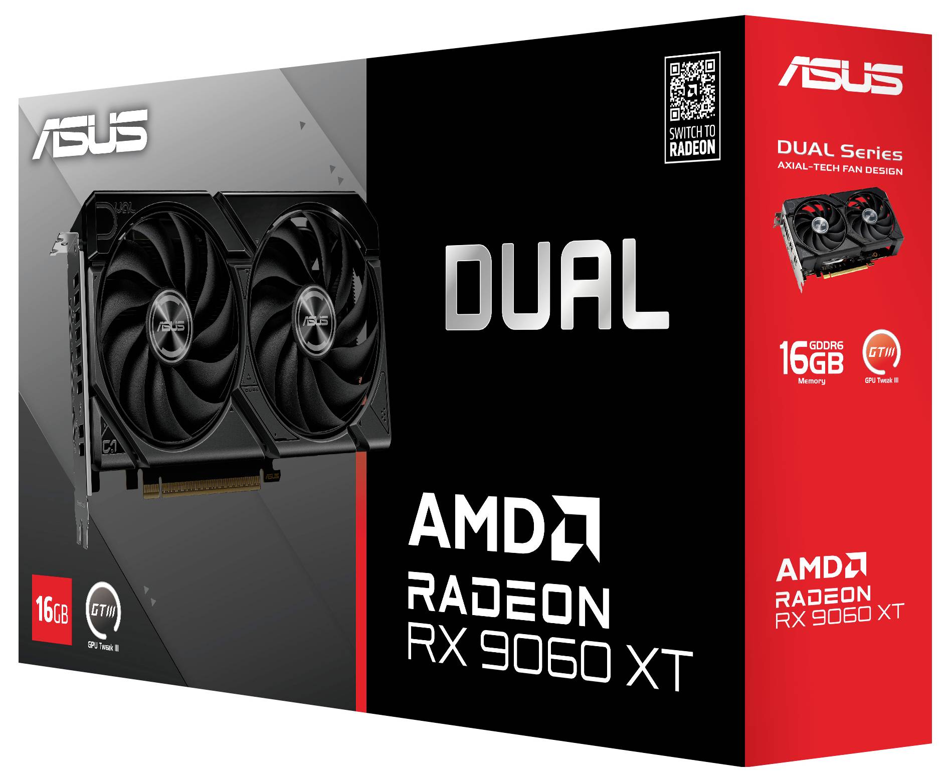 ASUS Dual Serie AMD Radeon RX 6060 XT videokaart doos. Hoogtepunten zijn 16GB geheugen en axiale-techniek ventilatorontwerp.
