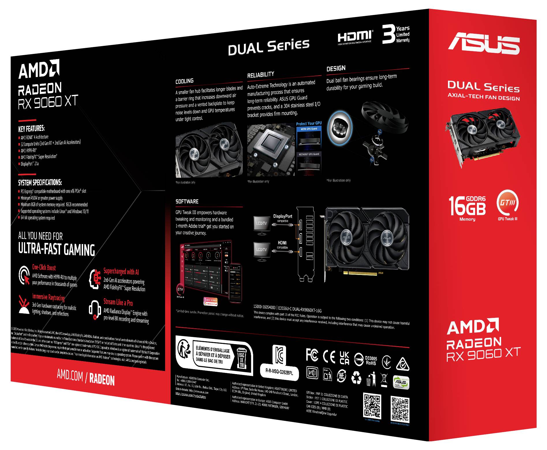 Doos voor ASUS Dual Series AMD Radeon RX 9600 XT videokaart. Kenmerken zijn onder meer 16 GB GDDR6, HDMI-ondersteuning en een geavanceerd koelontwerp.