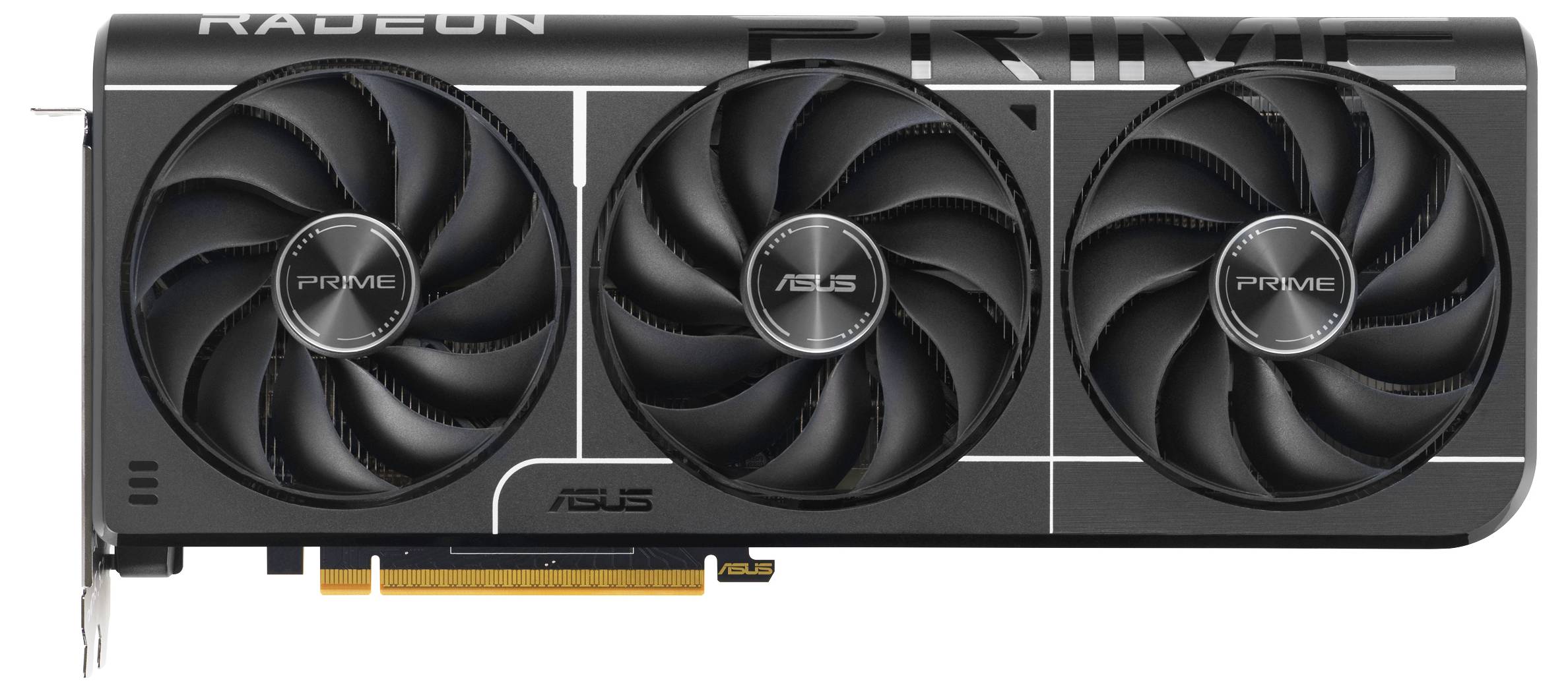 ASUS Prime grafische kaart met drie koelventilatoren en een AMD Radeon GPU-logo, ontworpen voor verbeterde gamingprestaties.
