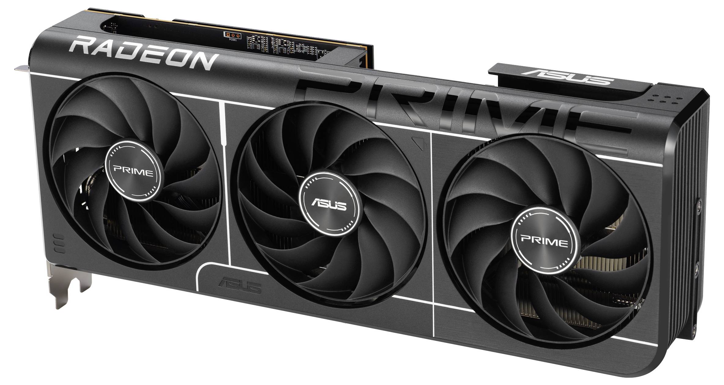 Een zwarte ASUS grafische kaart met drie koelventilatoren, gelabeld met 'PRIME' en 'RADEON', ontworpen voor high-performance gaming en grafische taken.