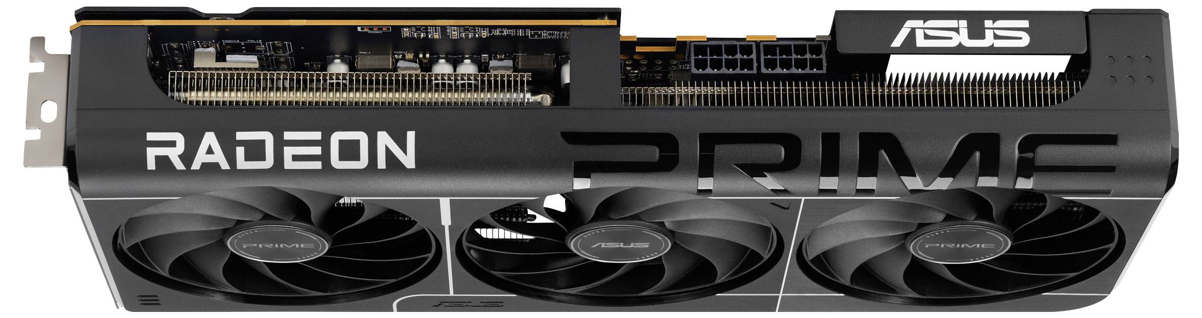 Bovenaanzicht van een 'Radeon Prime' videokaart met drie koelventilatoren, waarbij merkdetails en voedingsaansluitingen worden getoond op een zwarte behuizing.