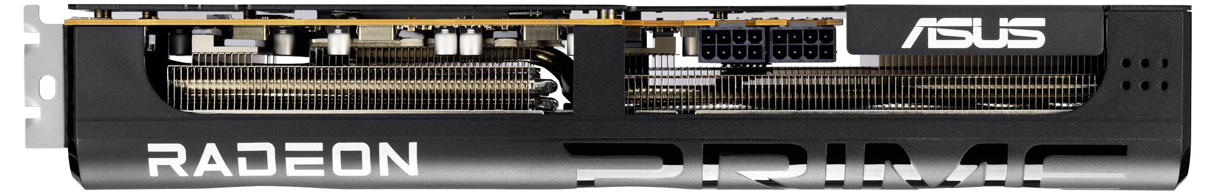 Een zijaanzicht van een ASUS Radeon grafische kaart, model PRIME, met koelvinnen, voedingsaansluitingen en merklogo.