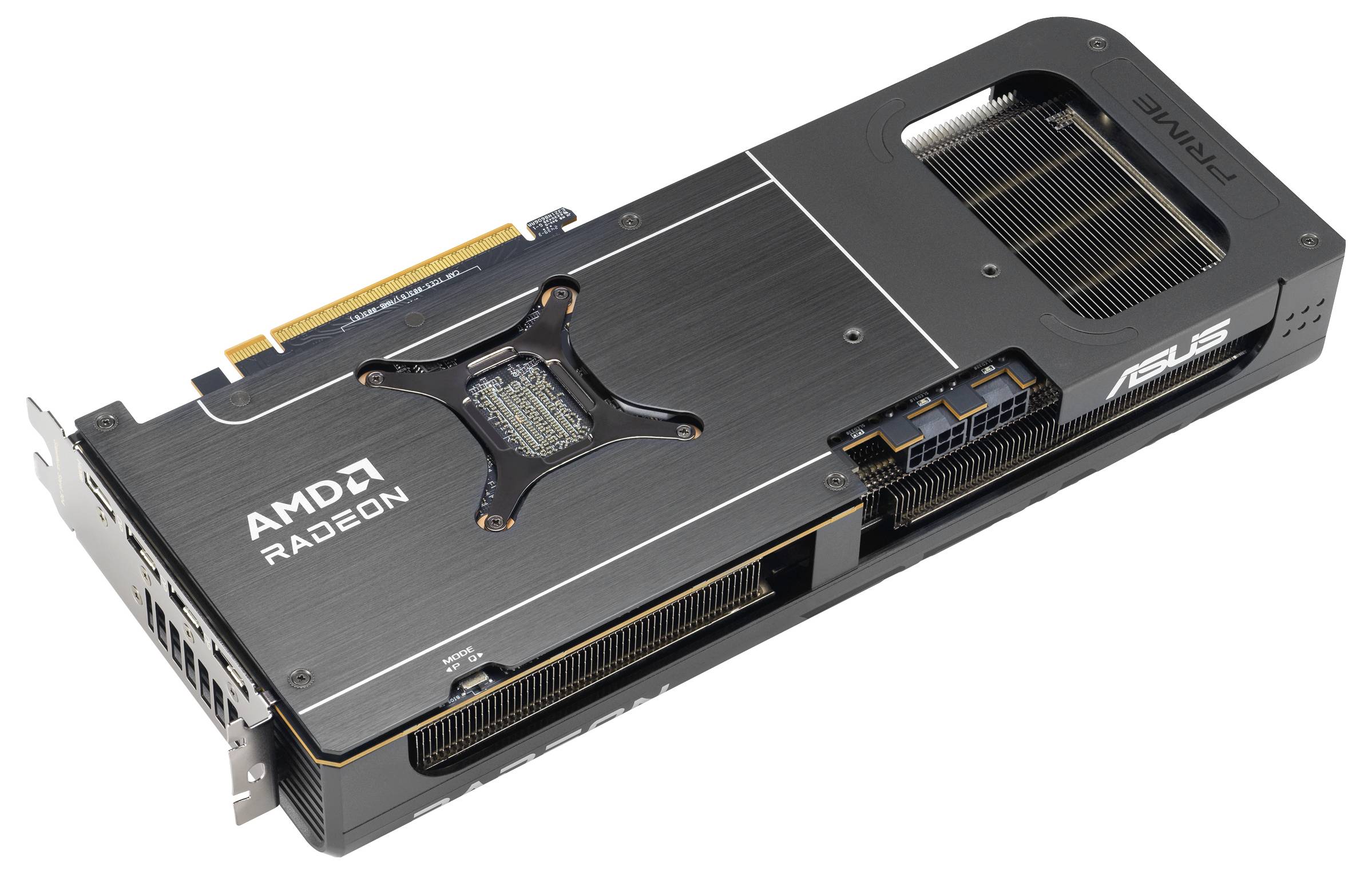 Een zwarte AMD Radeon grafische kaart met zichtbare warmteafvoerribben en merklogo wordt getoond vanuit een bovenaanzicht, waarbij zijn compacte ontwerp en aansluitingen worden weergegeven.