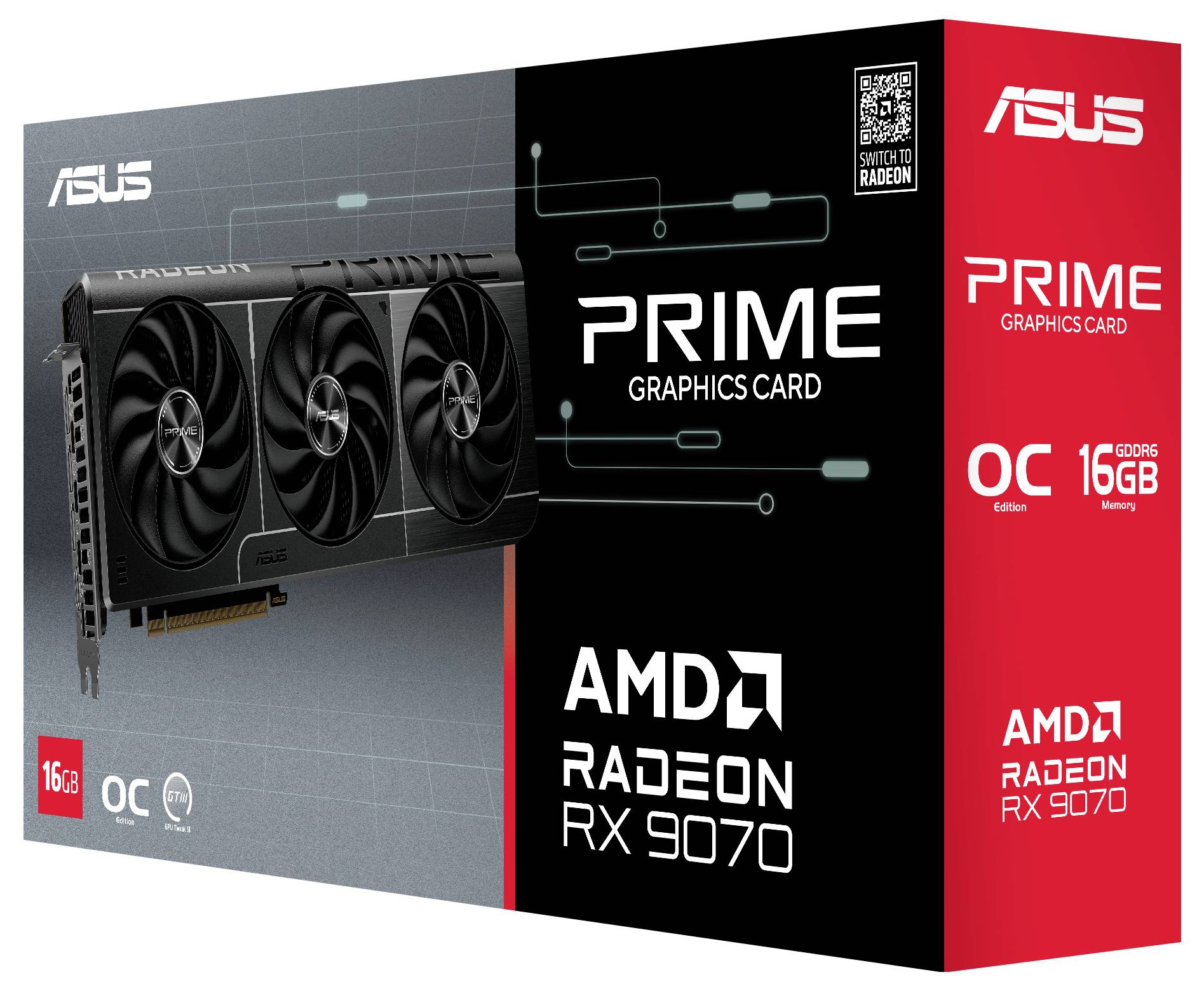 ASUS Prime grafische kaart doos met 'AMD Radeon RX 9070', waarbij 16GB en OC edition functies worden gemarkeerd.