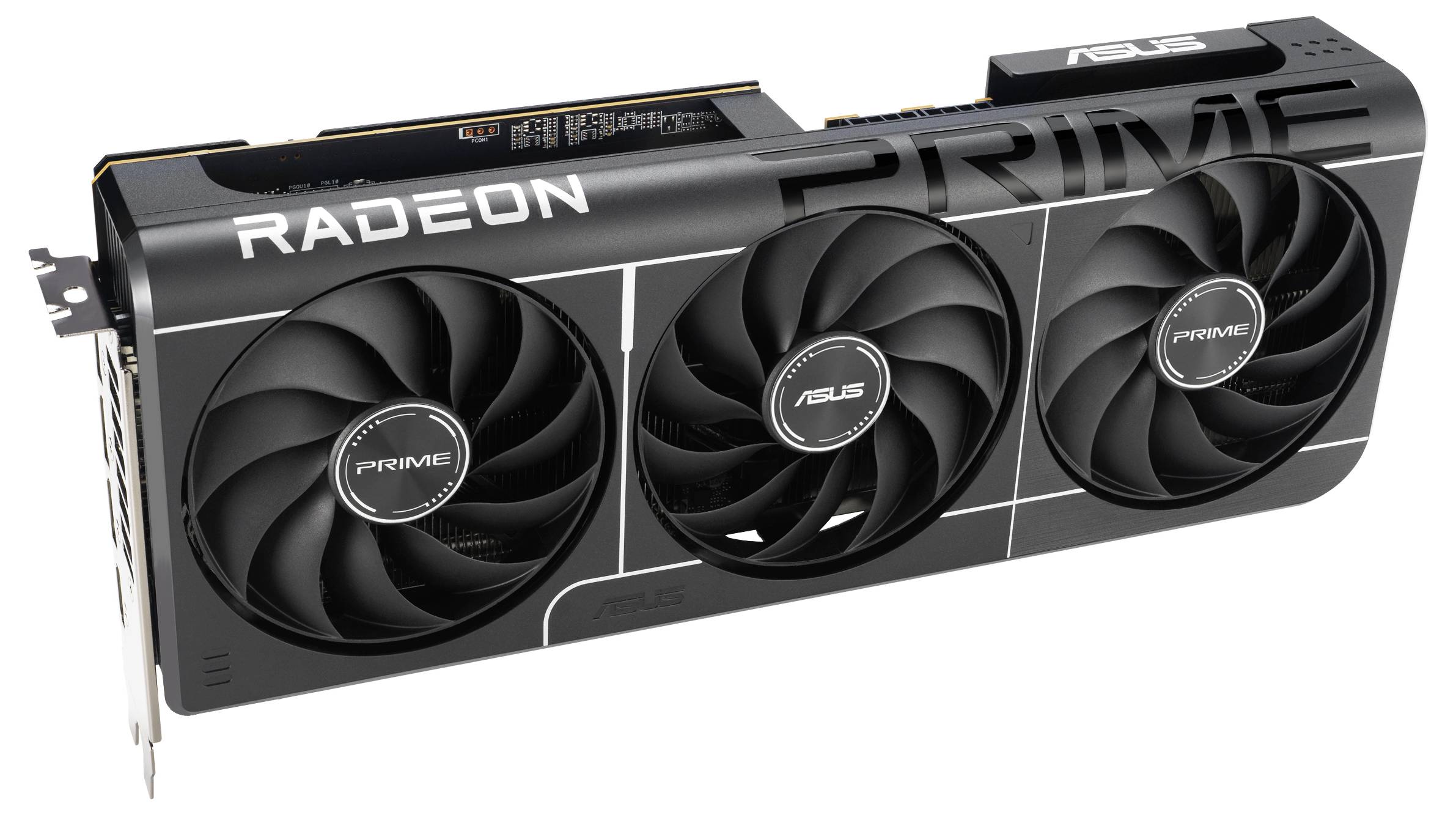 Een zwarte Radeon-grafische kaart met drie koelventilatoren, voorzien van de labels 'PRIME' en 'ASUS' op de behuizing.