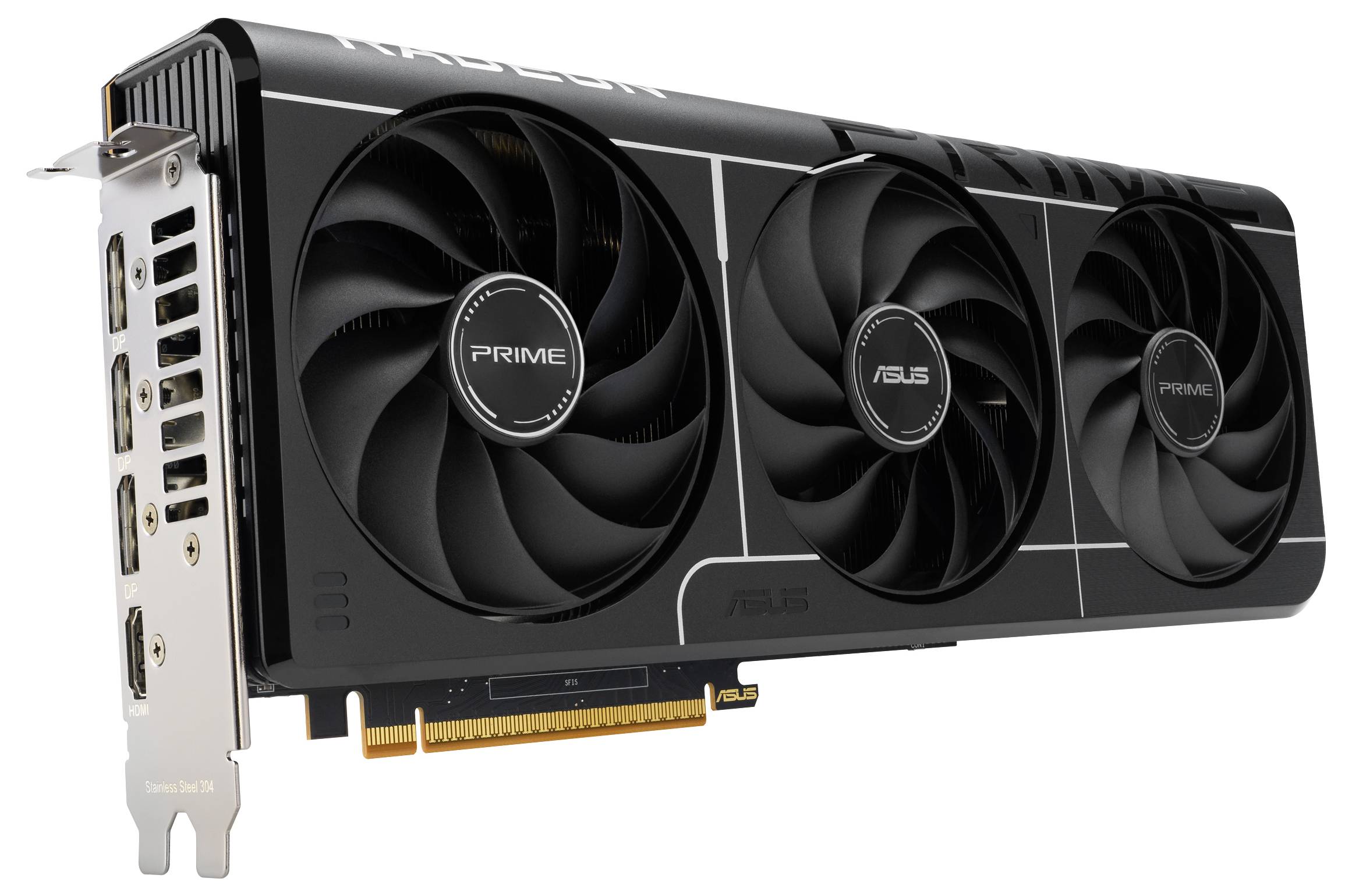 Een videokaart met dubbele ventilatoren en zichtbare poorten aan de zijkant, gemarkeerd met 'PRIME'- en 'ASUS'-logo's, ontworpen voor high-performance computing.