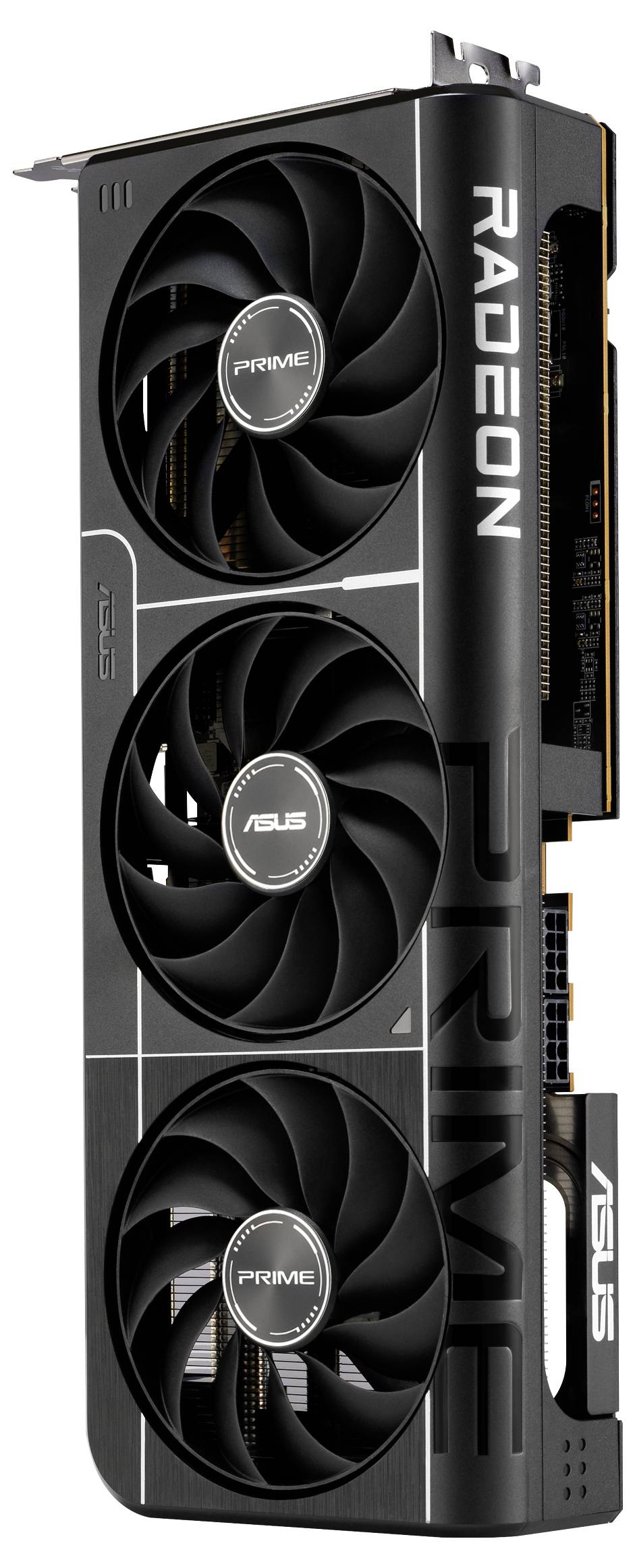 Een high-performance grafische kaart met drie grote ventilatoren, gelabeld als 'ASUS Radeon Prime', ontworpen voor geavanceerde gaming en grafische taken.