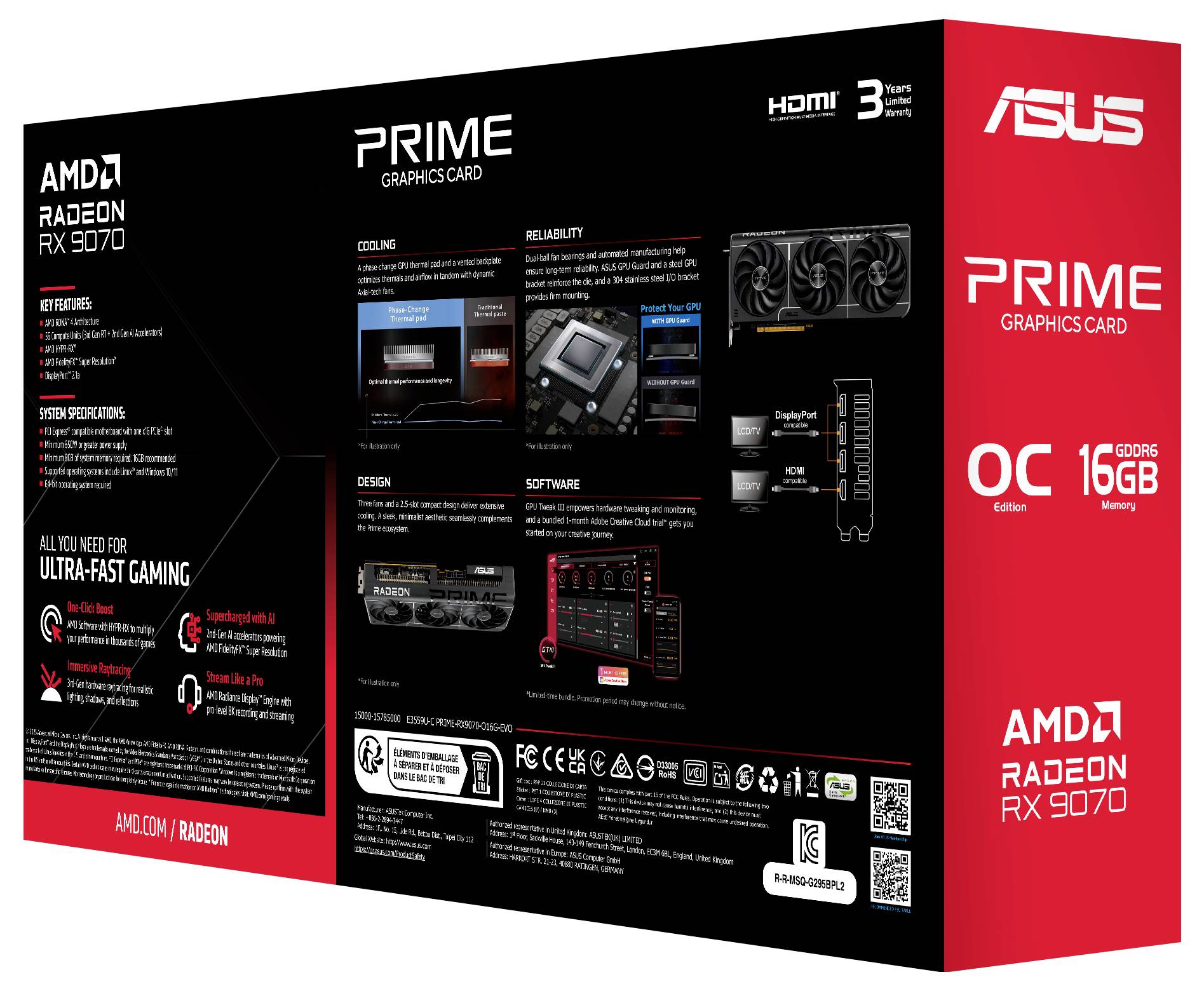 Een zwarte en rode doos voor de 'ASUS Prime' videokaart, met 'AMD Radeon RX 7070' en 16GB geheugen. Uitgelichte kenmerken zijn 'Ultra-snel gamen' en HDMI-compatibiliteit.