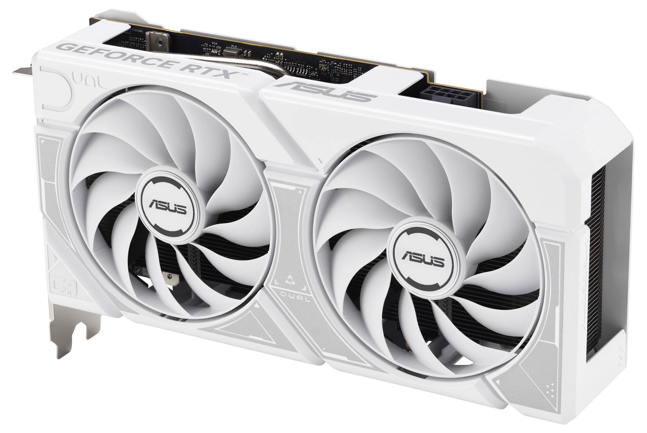 Een witte ASUS GeForce RTX grafische kaart met dubbele ventilatoren, die zijn strakke ontwerp en koelsysteem toont voor verbeterde prestaties.