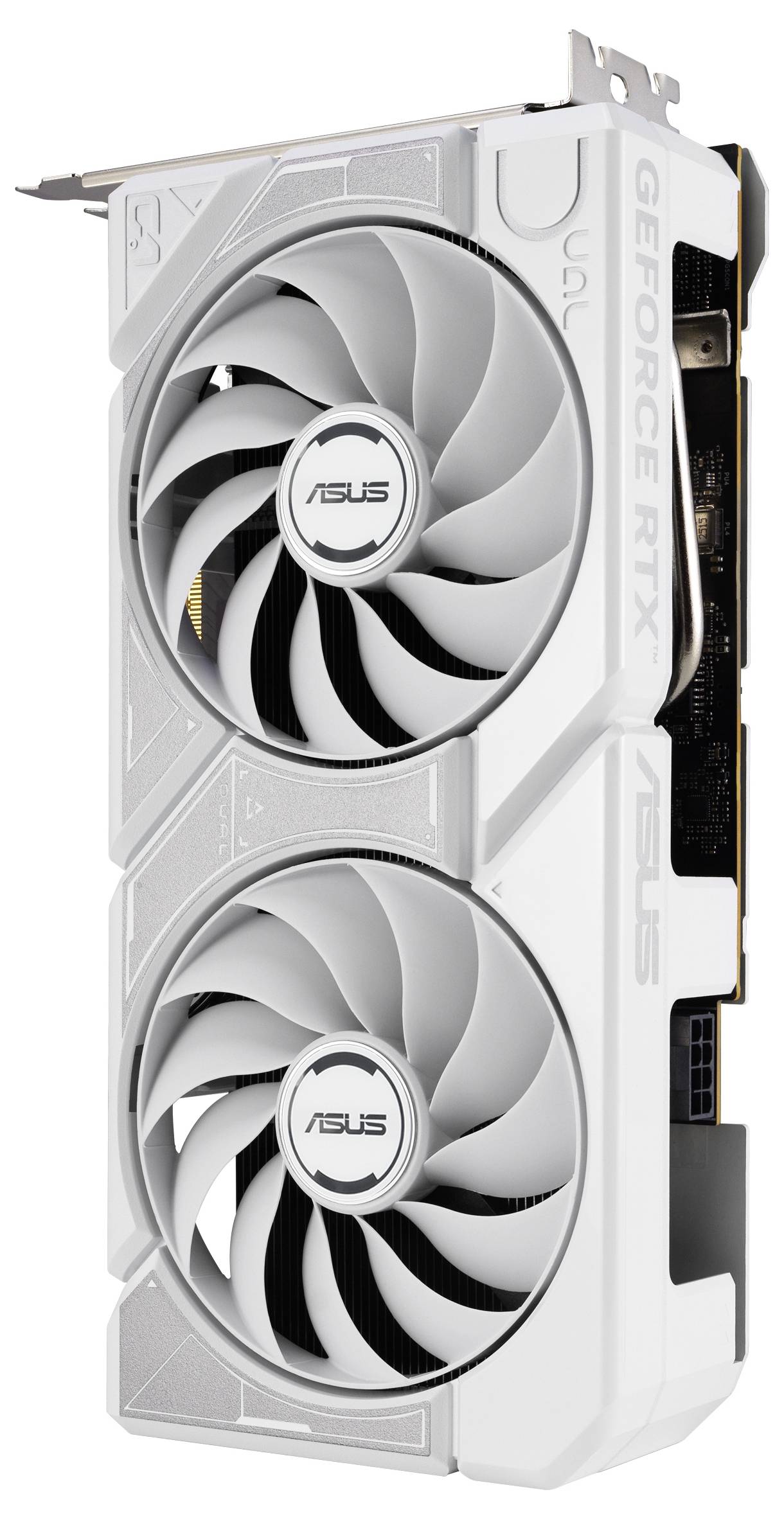 Een witte ASUS GeForce RTX-videokaart met dubbele ventilators en merklogo aan de zijkant, ontworpen voor high-performance gaming en grafische taken.