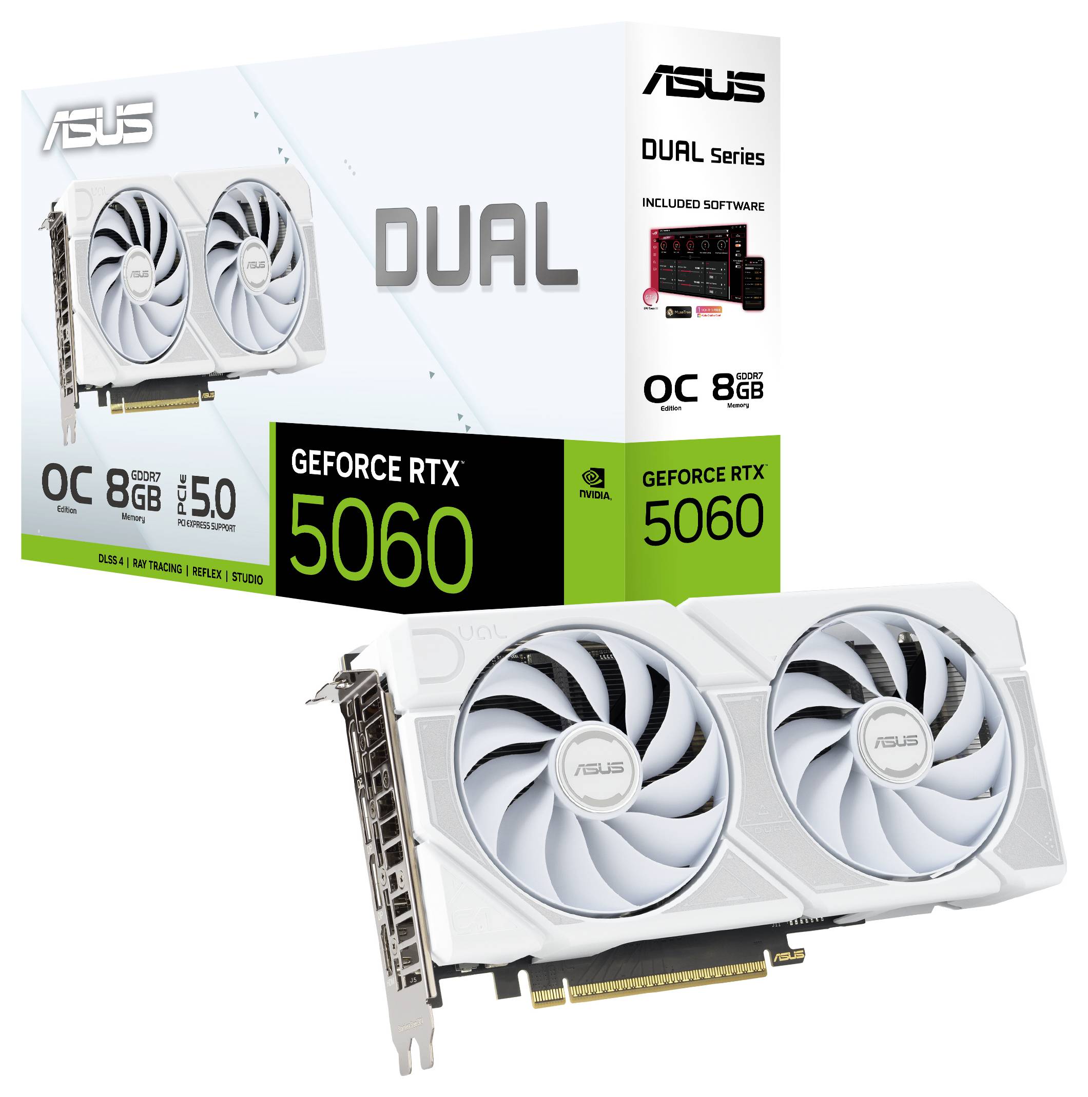 'ASUS Dual GeForce RTX 5060 videokaart met twee grote ventilatoren, 8GB geheugen, en meegeleverde softwarebox op de achtergrond.'