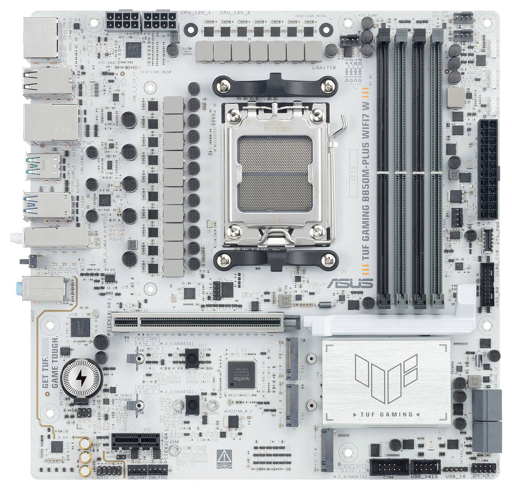 ASUS TUF Gaming B560M-PLUS WIFI moederbord met meerdere PCI-sleuven, geheugensleuven, CPU-socket en geïntegreerde warmteafvoer; ontworpen voor gaming.