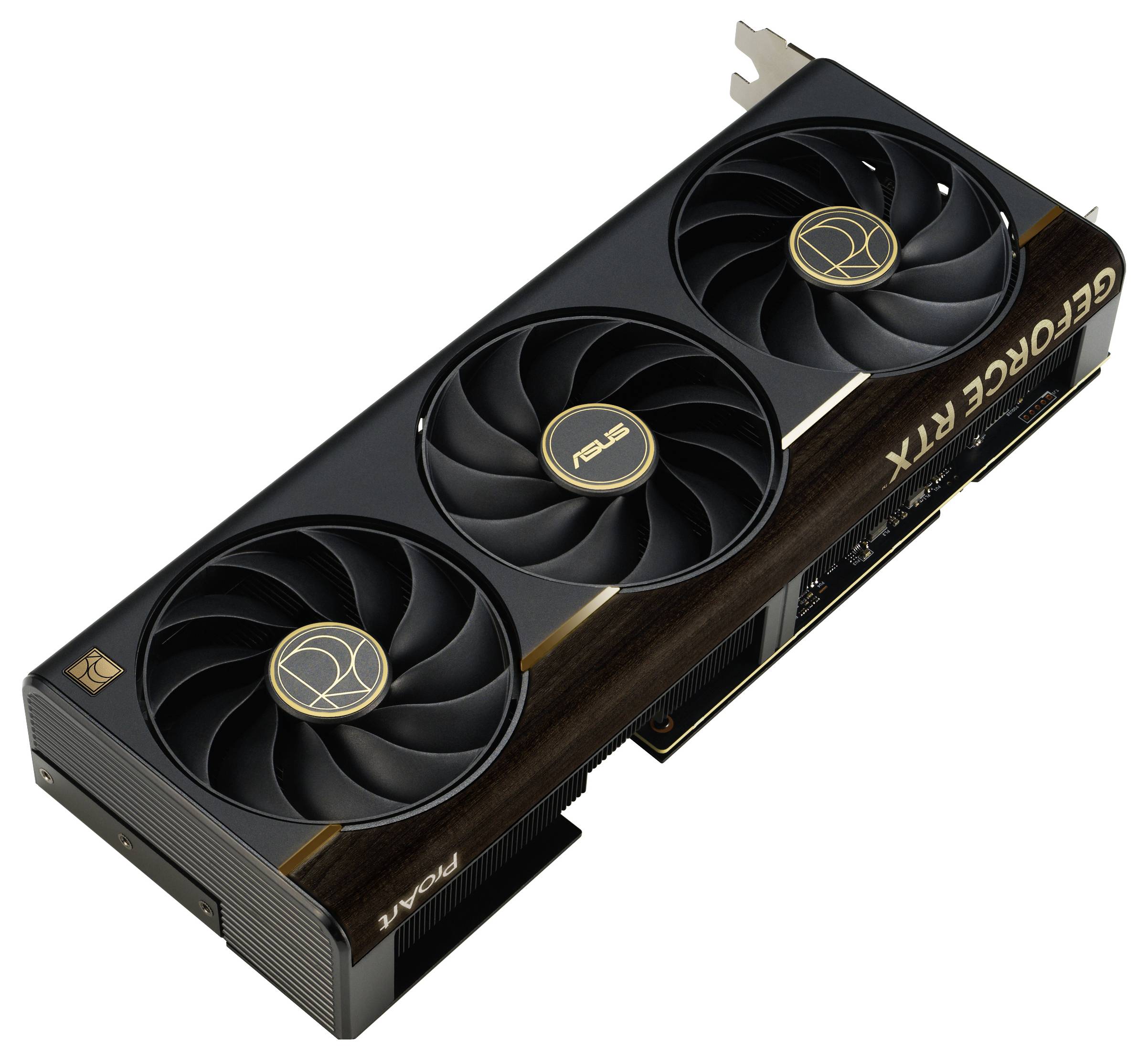 Een high-performance grafische kaart met drie koelventilatoren, gelabeld als 'GEFORCE RTX' en 'ASUS', ontworpen voor geavanceerde computertaken.