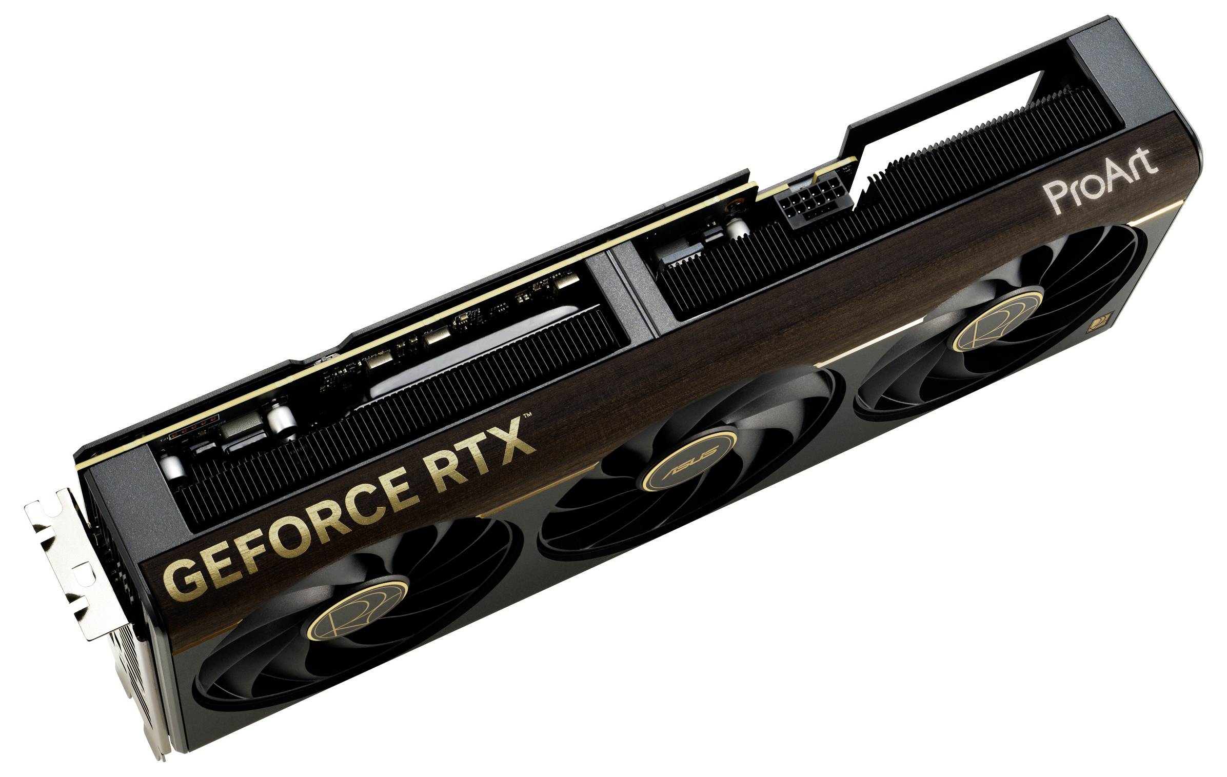 Een computergrafikakaart met het label 'GEFORCE RTX' en 'ProArt', voorzien van meerdere koelventilatoren en een slanke, langgerekte vormgeving.