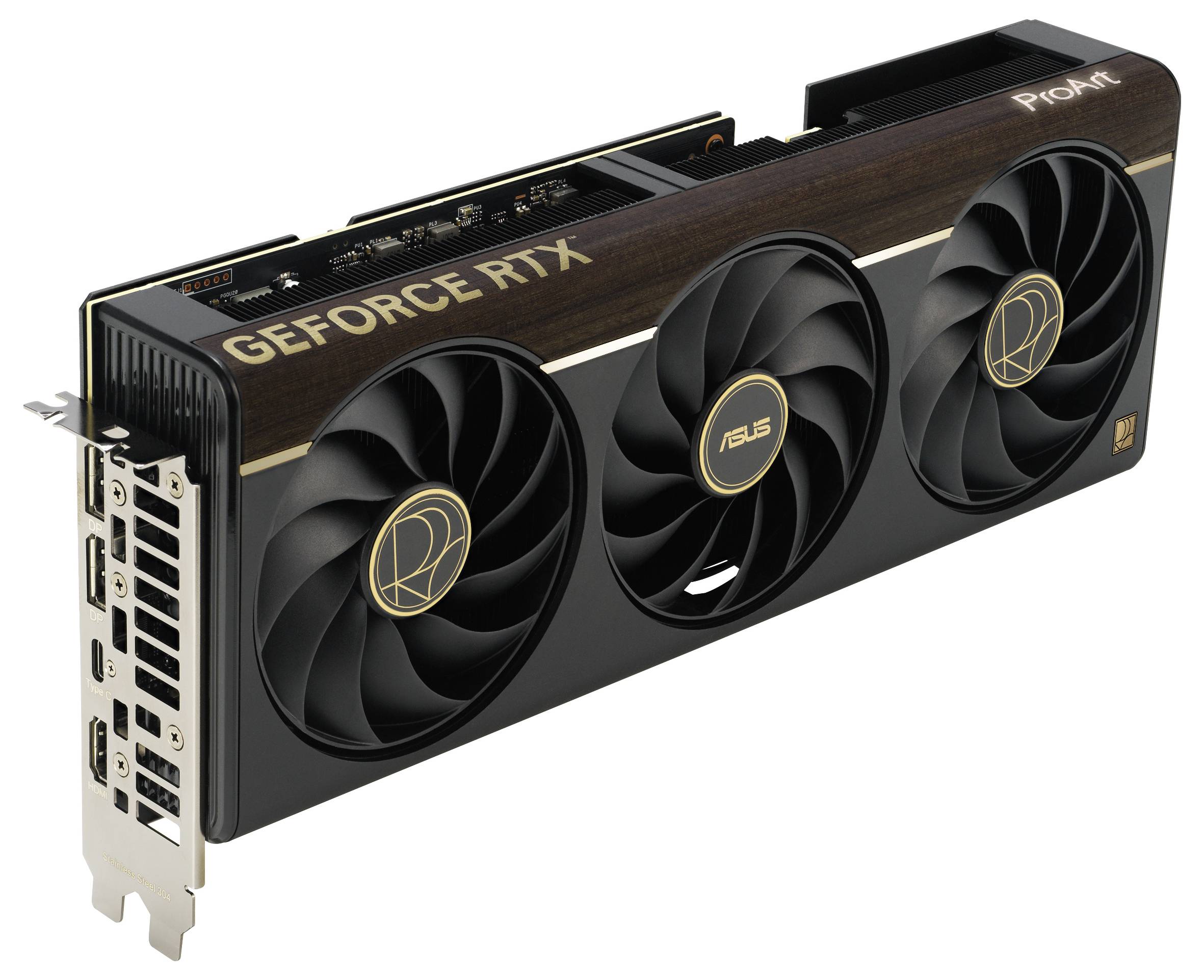 Een zwarte NVIDIA GeForce RTX grafische kaart met drie koelventilators en ASUS-branding op een bureau, een hoogpresterende design tonend.