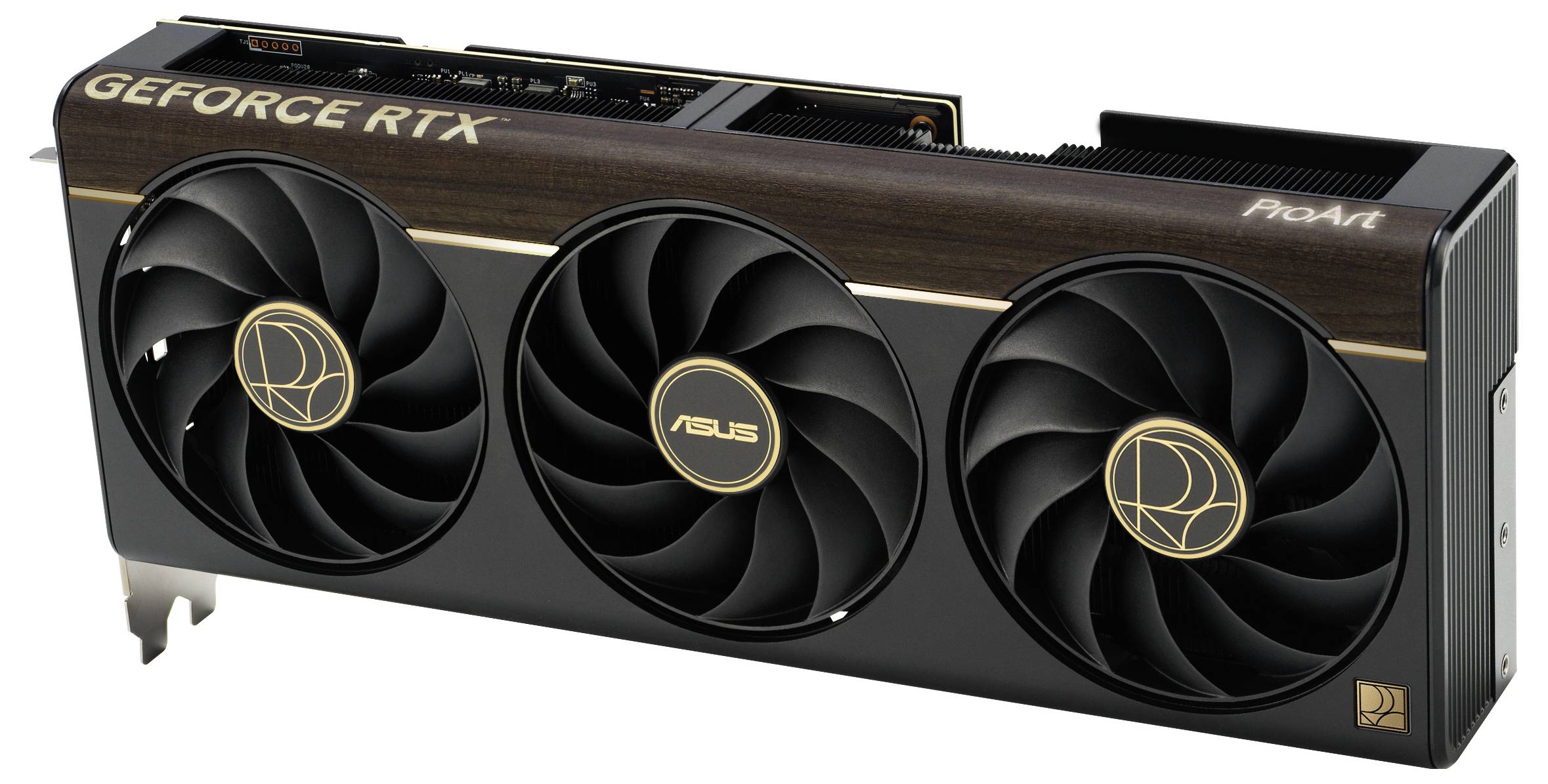 Een zwarte grafische kaart met drie koelventilators, gelabeld 'GEFORCE RTX' en 'ASUS ProArt', ontworpen voor high-performance computing.