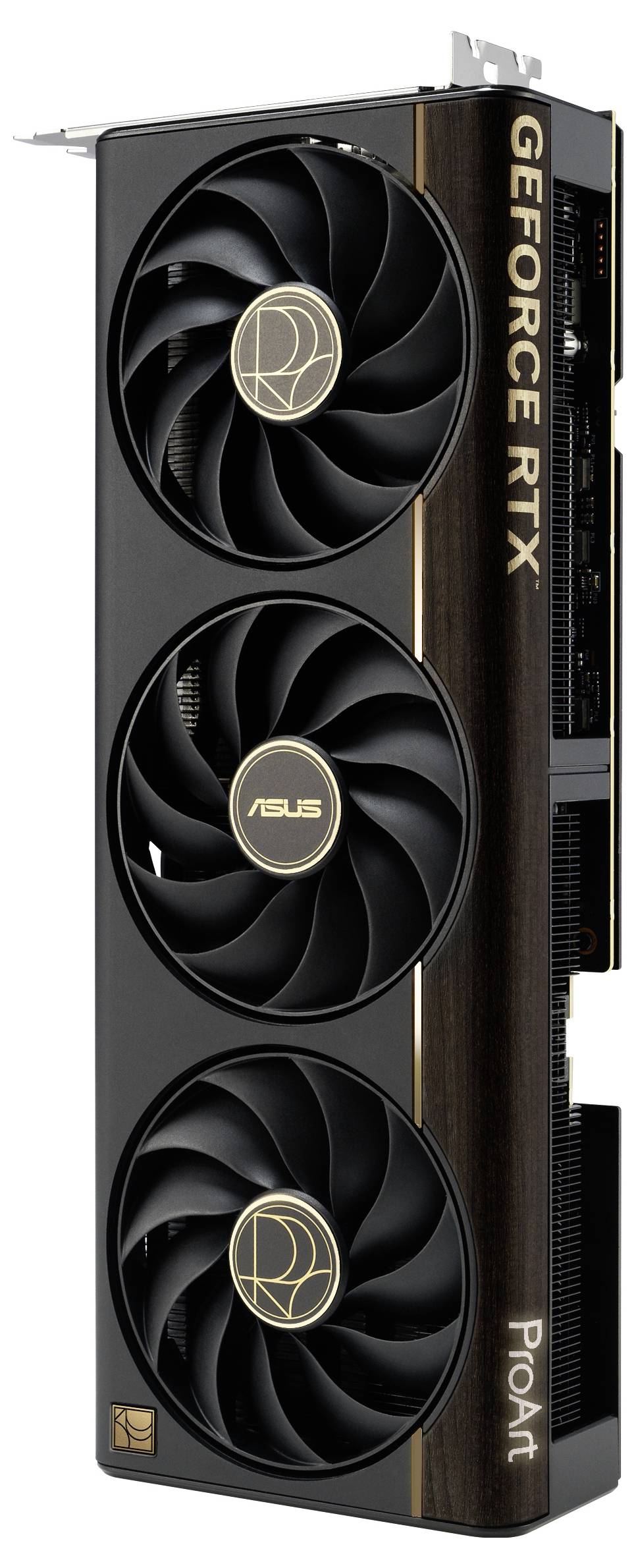 Een verticale videokaart met drie koelventilators, voorzien van de labels 'GeForce RTX' en 'ASUS ProArt'. Het ontwerp heeft gouden accenten.