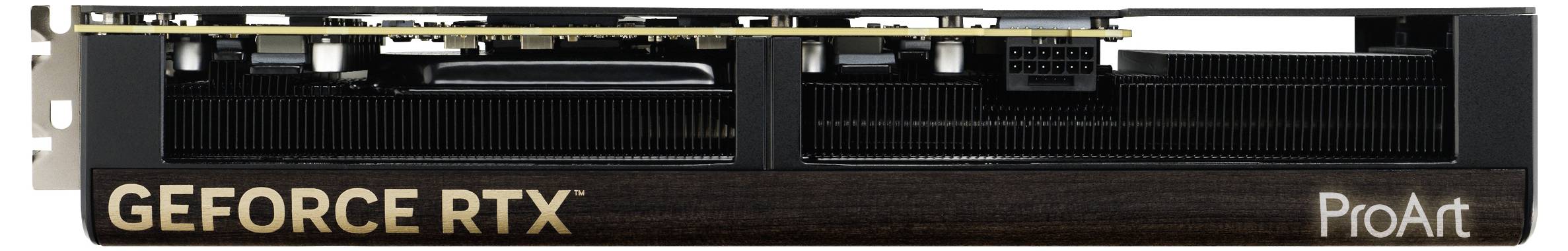 Zijaanzicht van een GeForce RTX-videokaart met 'ProArt'-merkidentiteit, waarbij het printbord en de koelcomponenten zichtbaar zijn.
