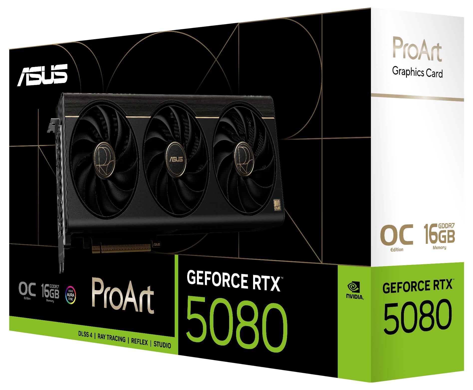 ASUS ProArt GeForce RTX 5080 videokaart doos. Beschikt over 16GB geheugen, ray tracing en studio mogelijkheden.
