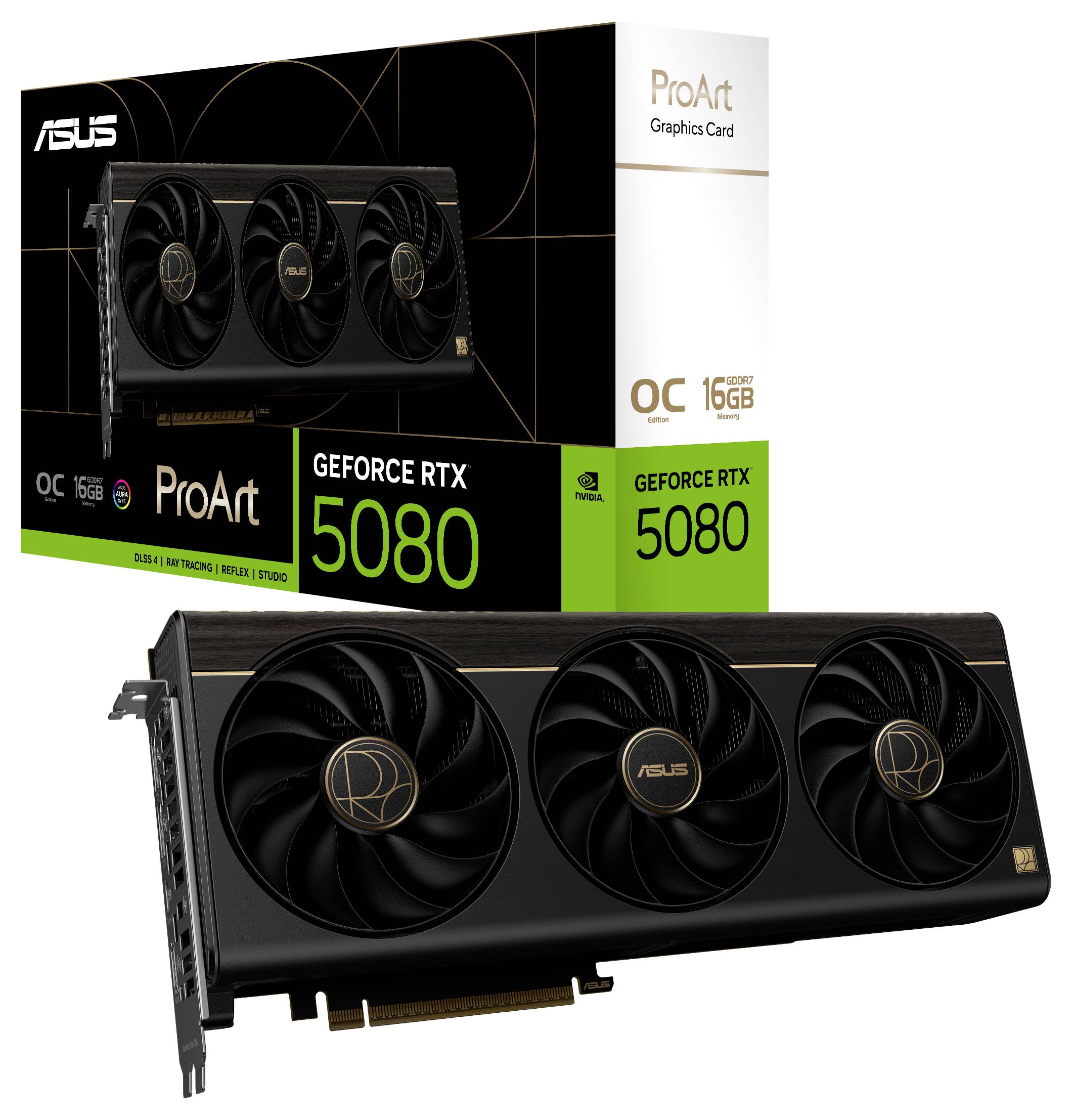 'ASUS ProArt GeForce RTX 5080 videokaart met verpakking. OC-editie, 16GB geheugen, ontworpen voor creators en professionals.'