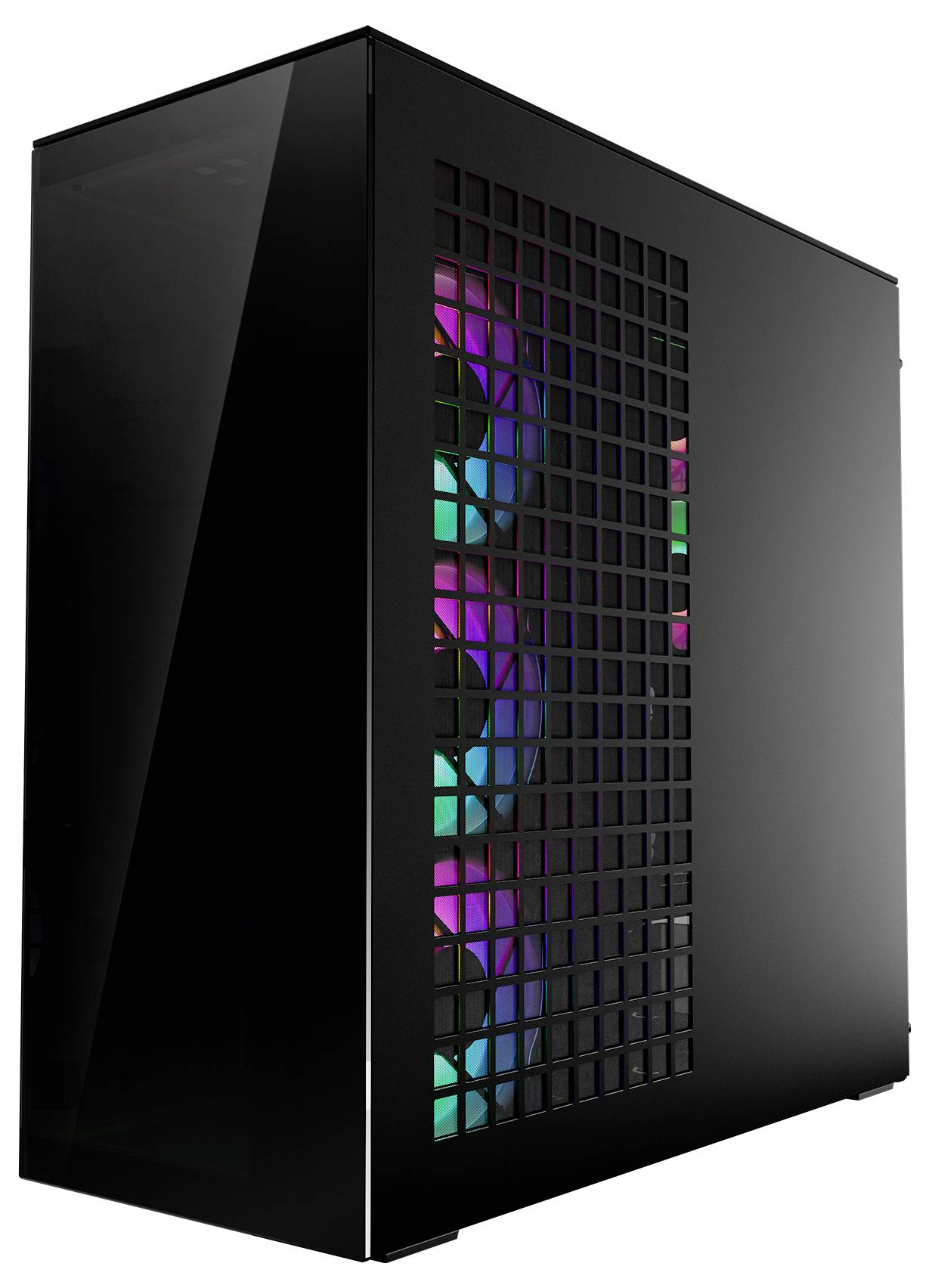 Een zwarte computerbehuizing met een zijpaneel van gaas, waarop drie interne ventilatoren zichtbaar zijn die worden verlicht door kleurrijke RGB-verlichting.