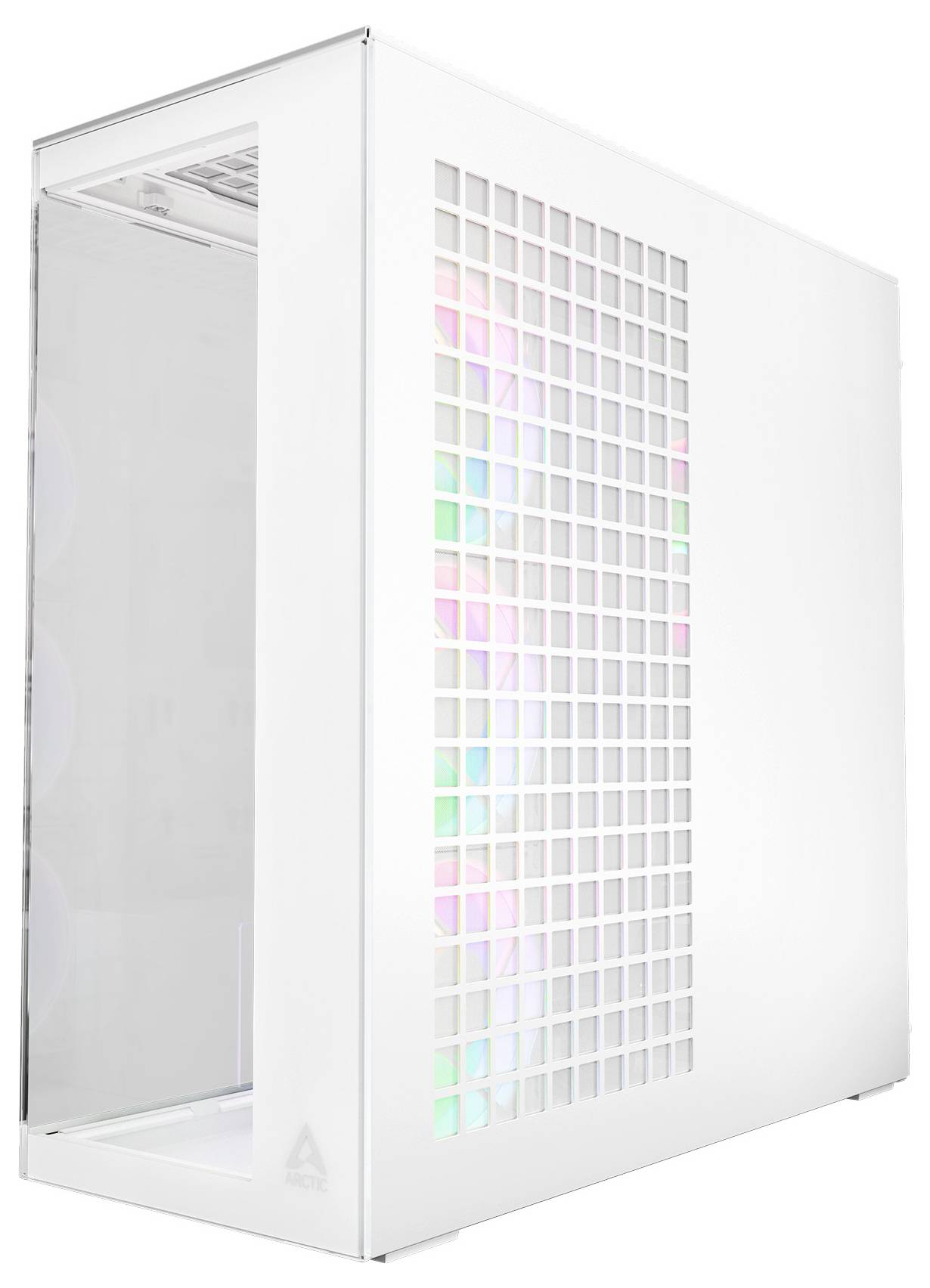 Een witte computerbehuizing met een rasterpatroon op het zijpaneel, verlicht door kleurrijke LED-verlichting, met een strak en modern design.