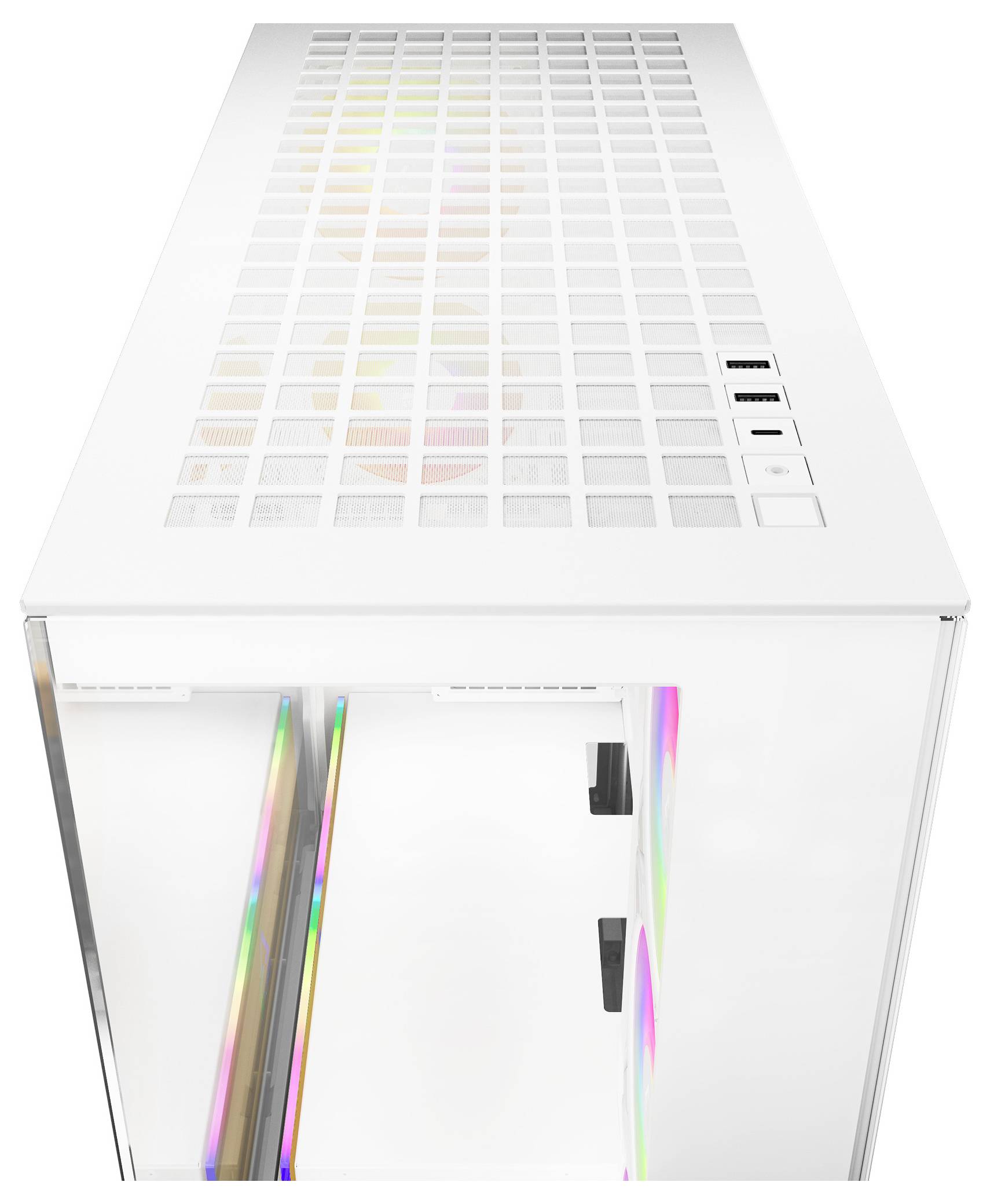 Een witte computerbehuizing bekeken van bovenaf, met een geperforeerd bovenpaneel en interne LED-verlichting zichtbaar door een transparante zijkant.