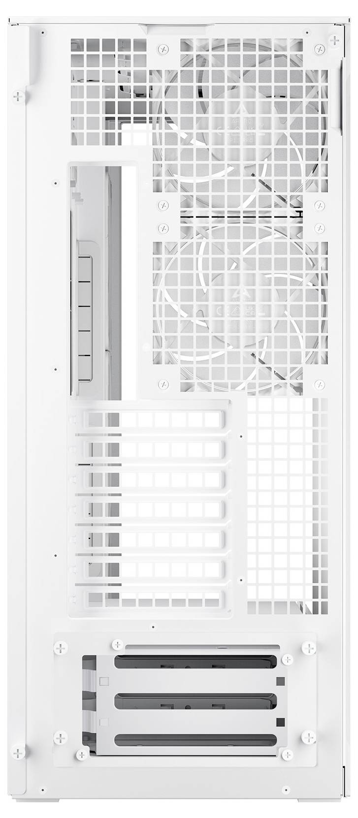 Witte computerbehuizing met een mesh achterpaneel, meerdere uitbreidingssleuven en ventilatierooster, ontworpen voor optimale luchtstroom en componentindeling.