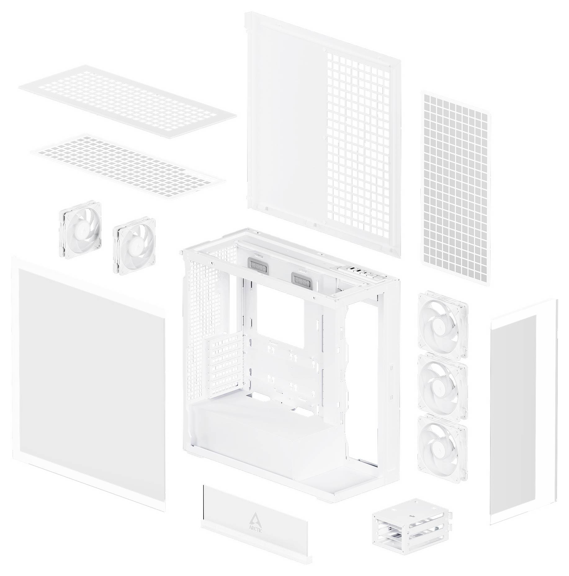 Ontplofte weergave van een witte computerbehuizing, waarbij gedemonteerde panelen, ventilatoren en interne componenten zijn gerangschikt rond het hoofdchassis.