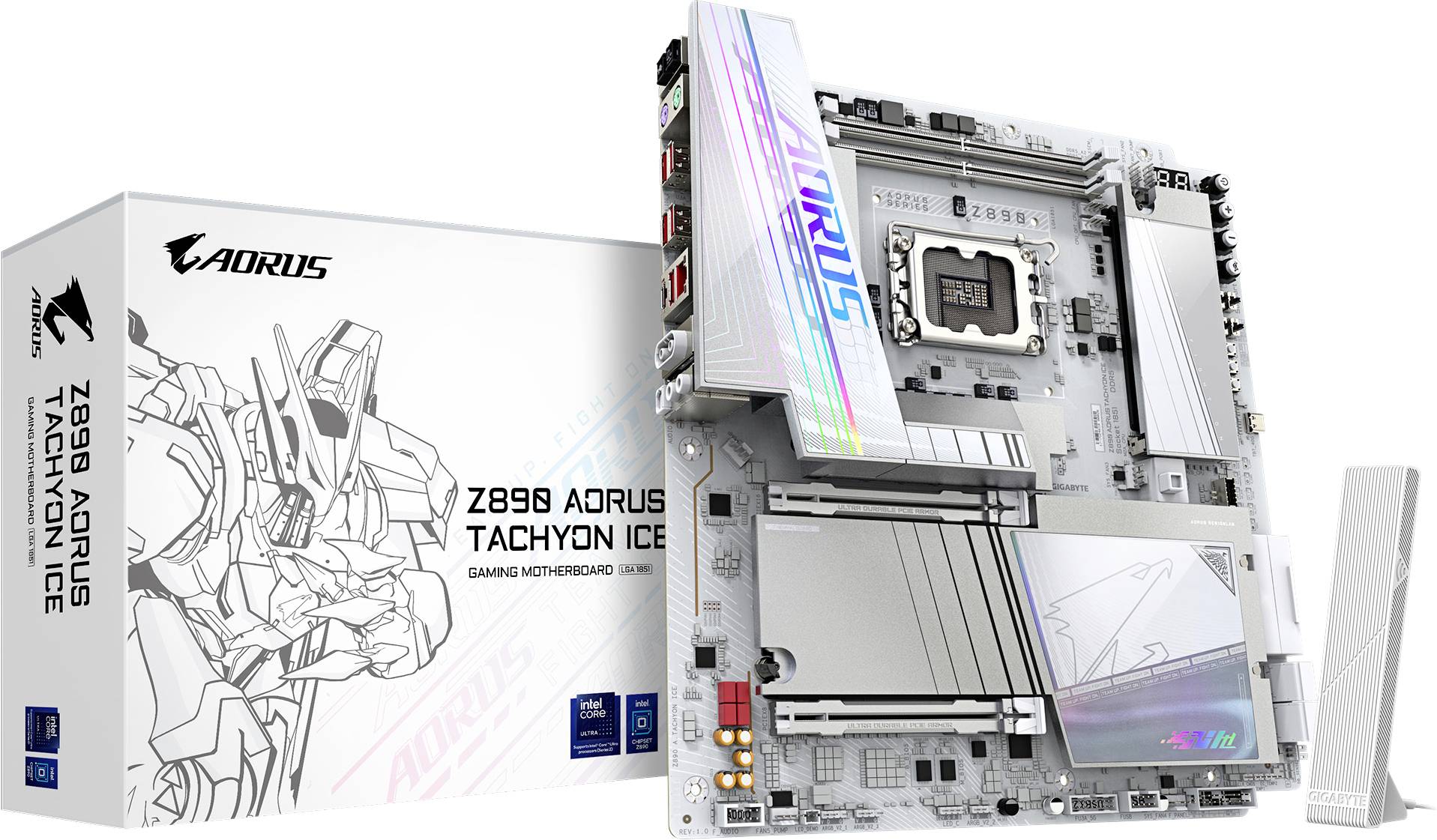 Moederbord met 'Z690 AORUS TACHYON ICE' merklogo voor gaming, weergegeven met zijn verpakking met robotkunstwerk en productdetails.
