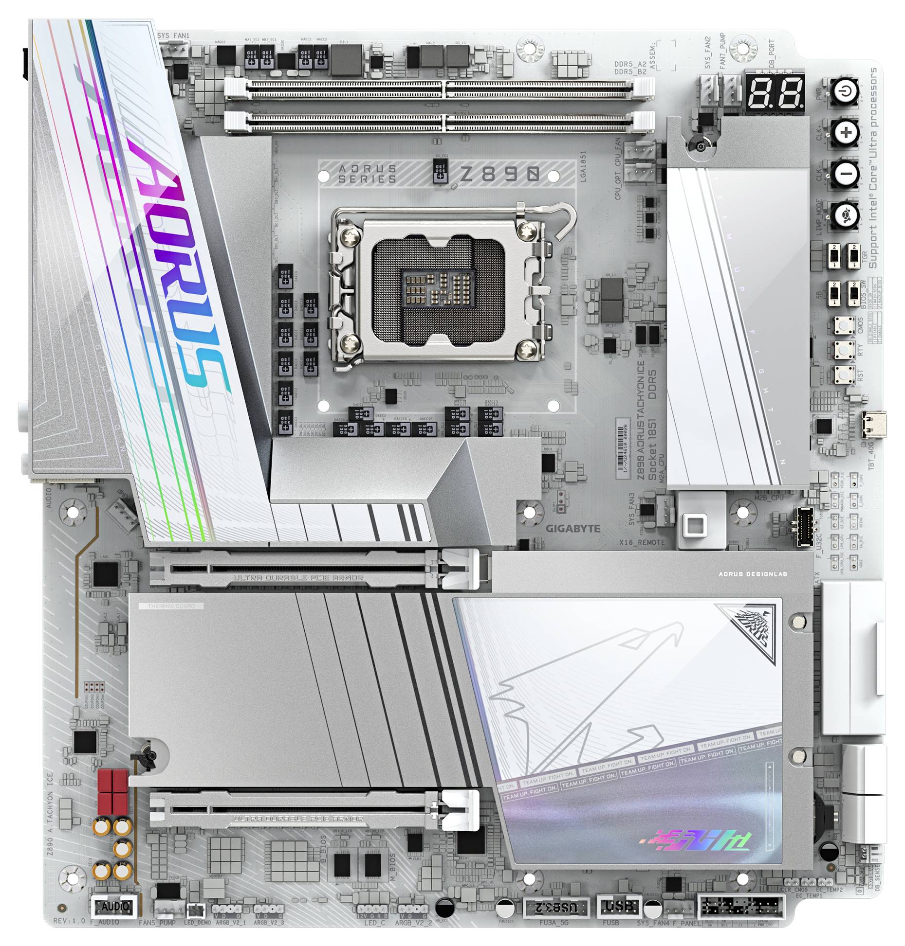 Een strak Aorus-moederbord met digitaal display en kleurrijke accenten, ontworpen voor high-performance gaming of computerconfiguraties.
