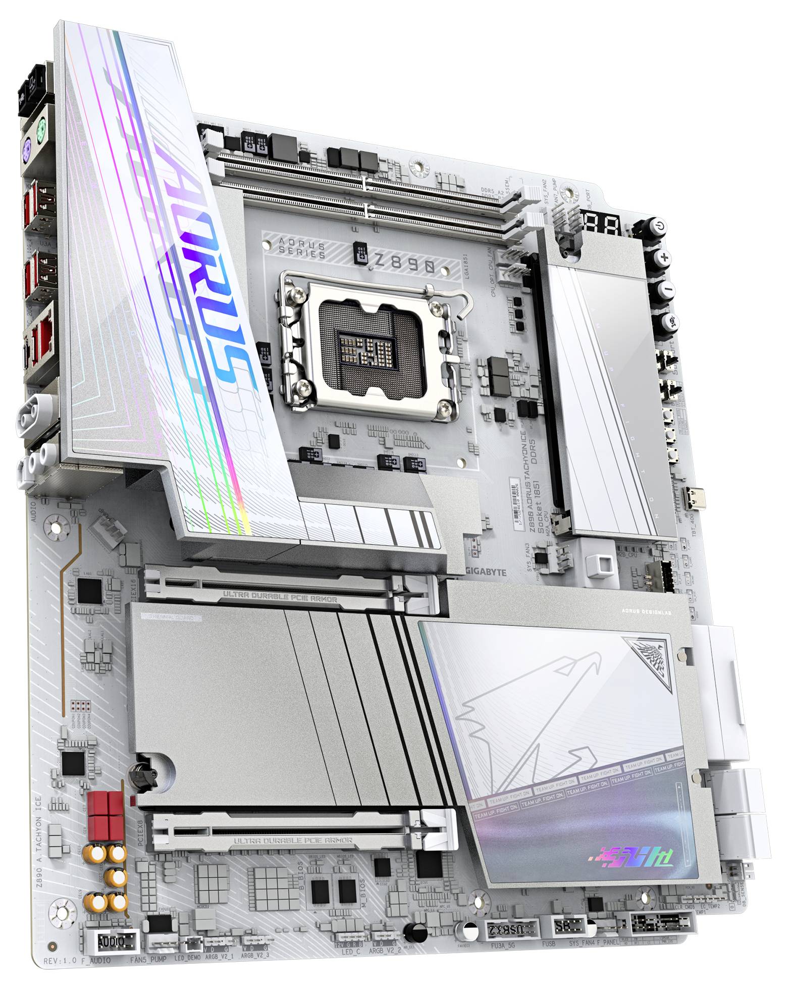 Een grijze Aorus computermoederbord met RGB-verlichting, meerdere aansluitpoorten en een onderscheidend adelaarslogo-ontwerp.