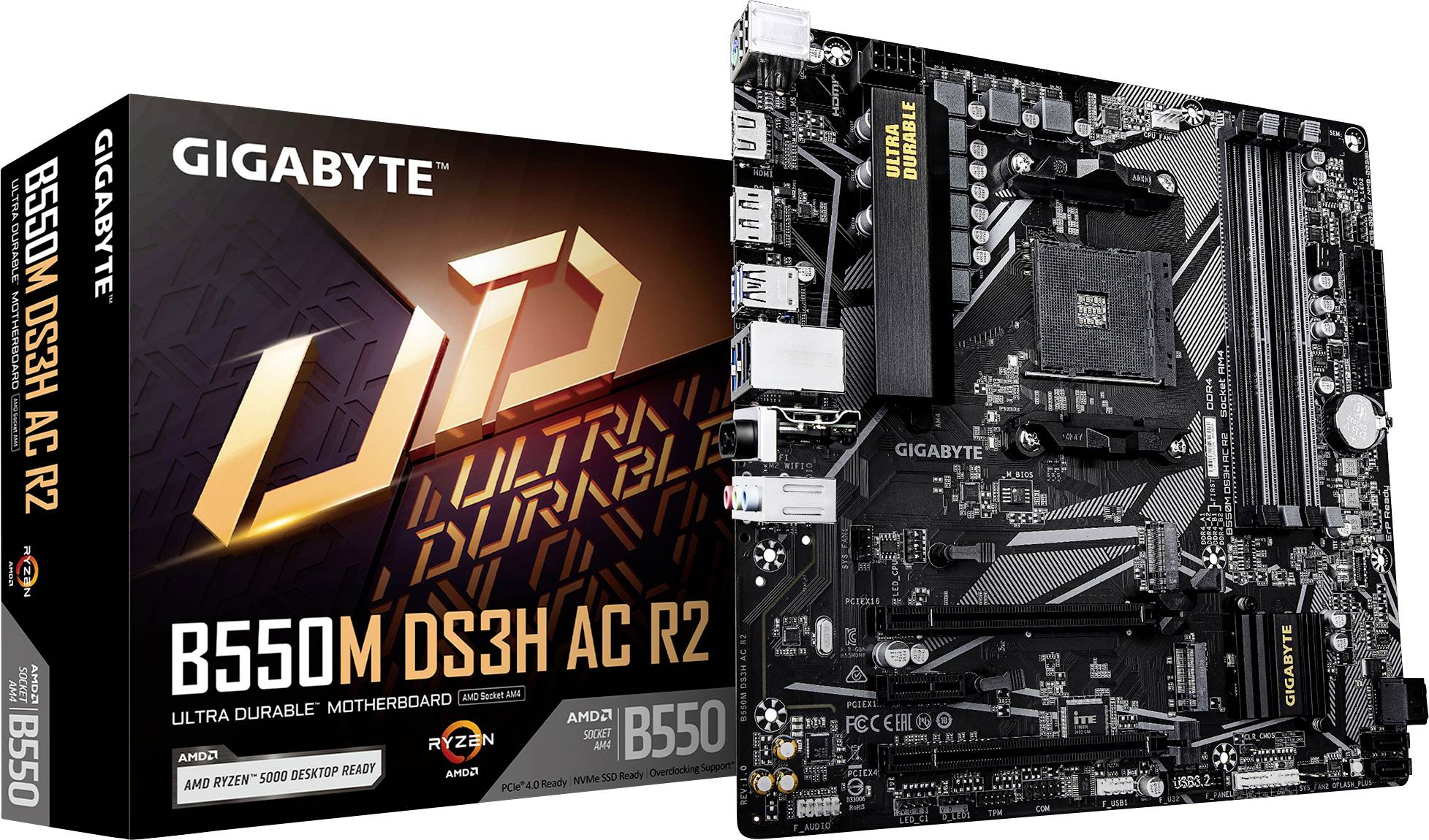 'GIGABYTE B550M DS3H AC R2' moederbord getoond met verpakking. Bevat eigenschappen zoals Ultra Durable ontwerp en ondersteunt AMD Ryzen processors.