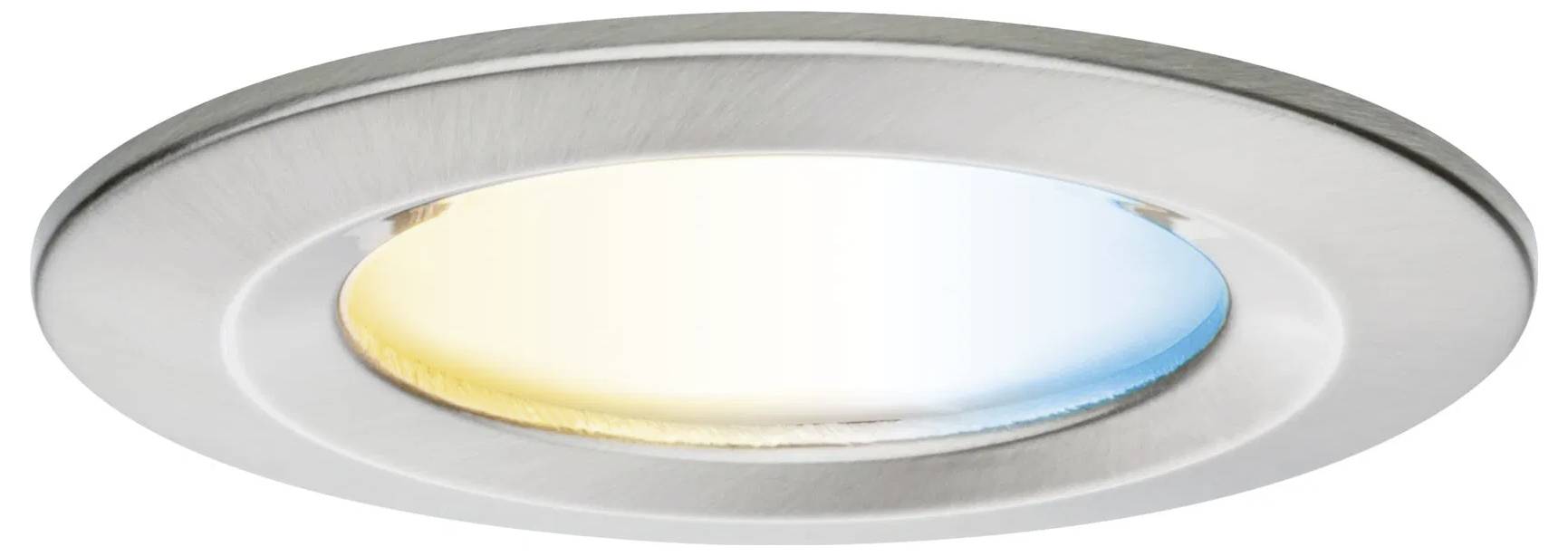 Een rond inbouw plafondlicht met instelbare kleurtemperatuur, verlopend van warm geel tot koel blauw.