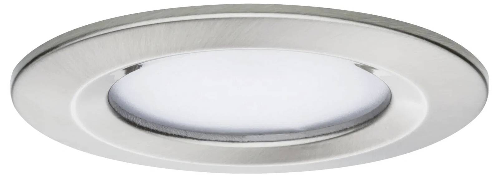 Een close-up van een rond, inbouw LED-plafondlicht met een geborstelde metalen afwerking en een witte diffuser.