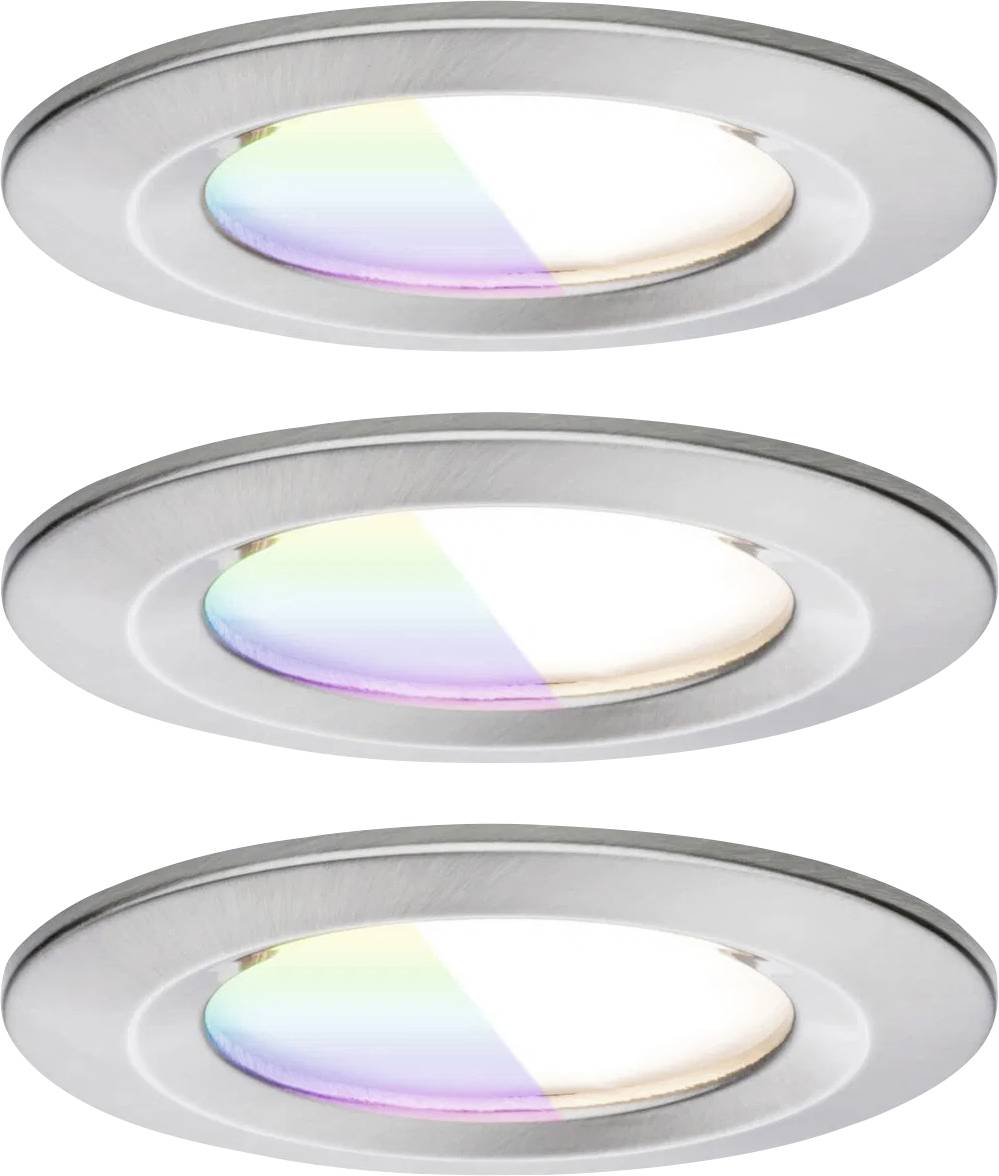 Drie ronde LED-inbouwspots met een metalen frame, elk met een gradiëntspectrum van kleuren, die zowel witte als regenboogtinten vertonen.