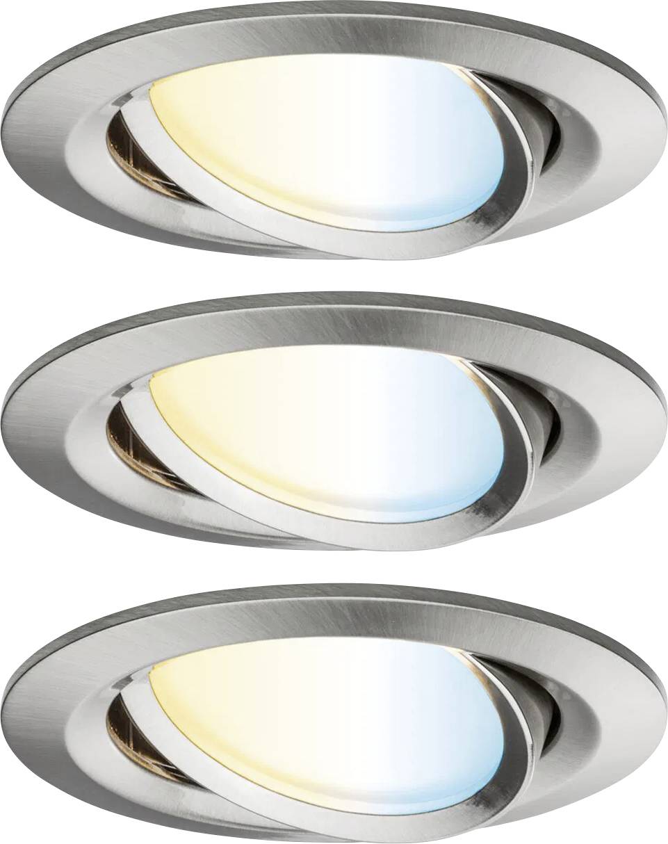 Drie richtingspecifieke inbouw plafondlampen met metalen afwerking, elk met een andere lichtkleur: warm wit, cool blauw en neutraal wit.